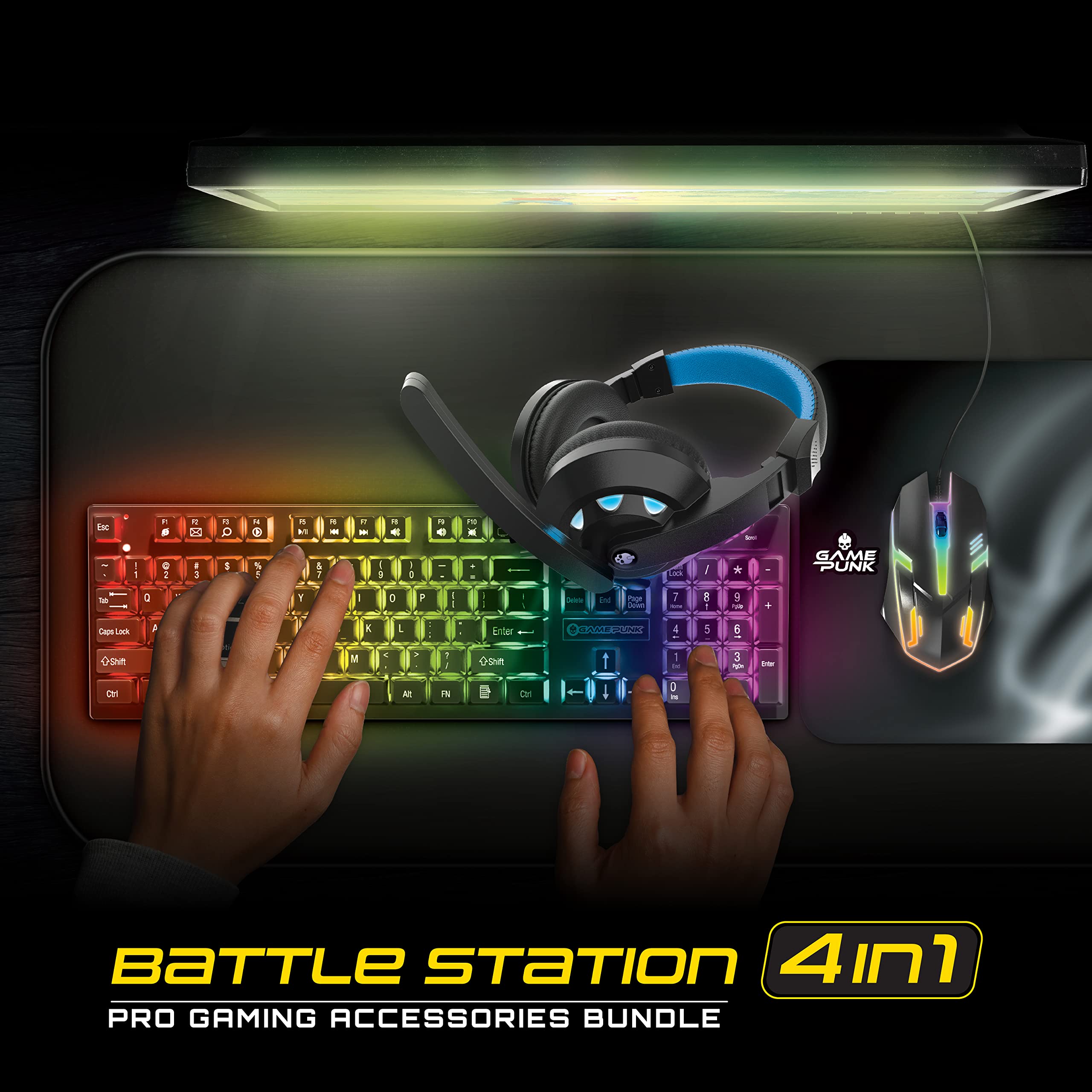 4-Piece Pro Gaming Accessories Bundle with LED Mouse, RGB Mousepad, Backlit Keyboard & Light-Up Headset | E-Sports Gaming Gear for PC, PS5, Xbox Series X/S | Perfect for Competitive Gaming, Streaming & Night Battles