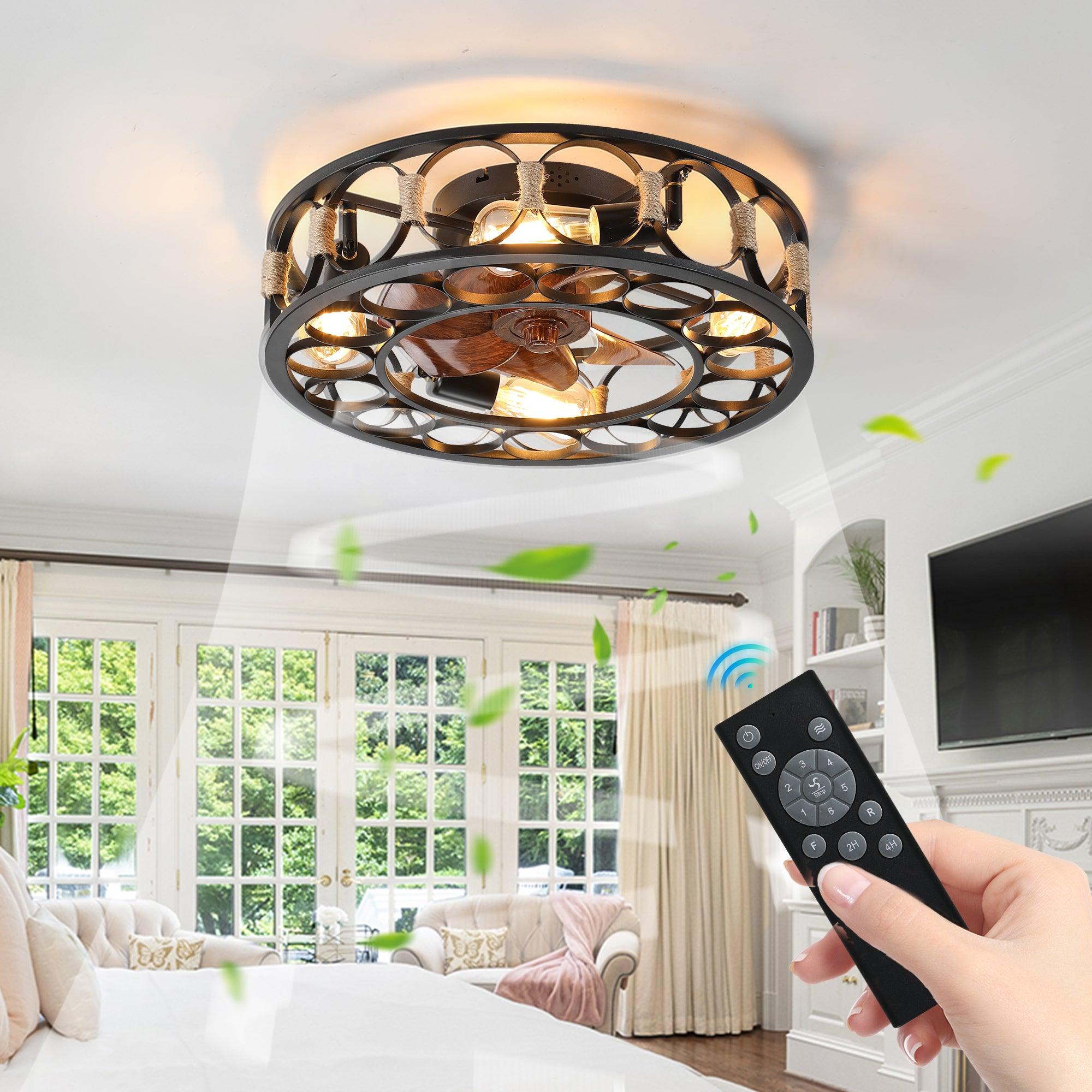 Modern Low Profile Flush Mount Ceiling Fan with Lights & Remote Control - 6 Speed Reversible Blades, Includes 5 LED Bulbs - Farmhouse Style for Bedroom, Living Room & Kitchen (Black)