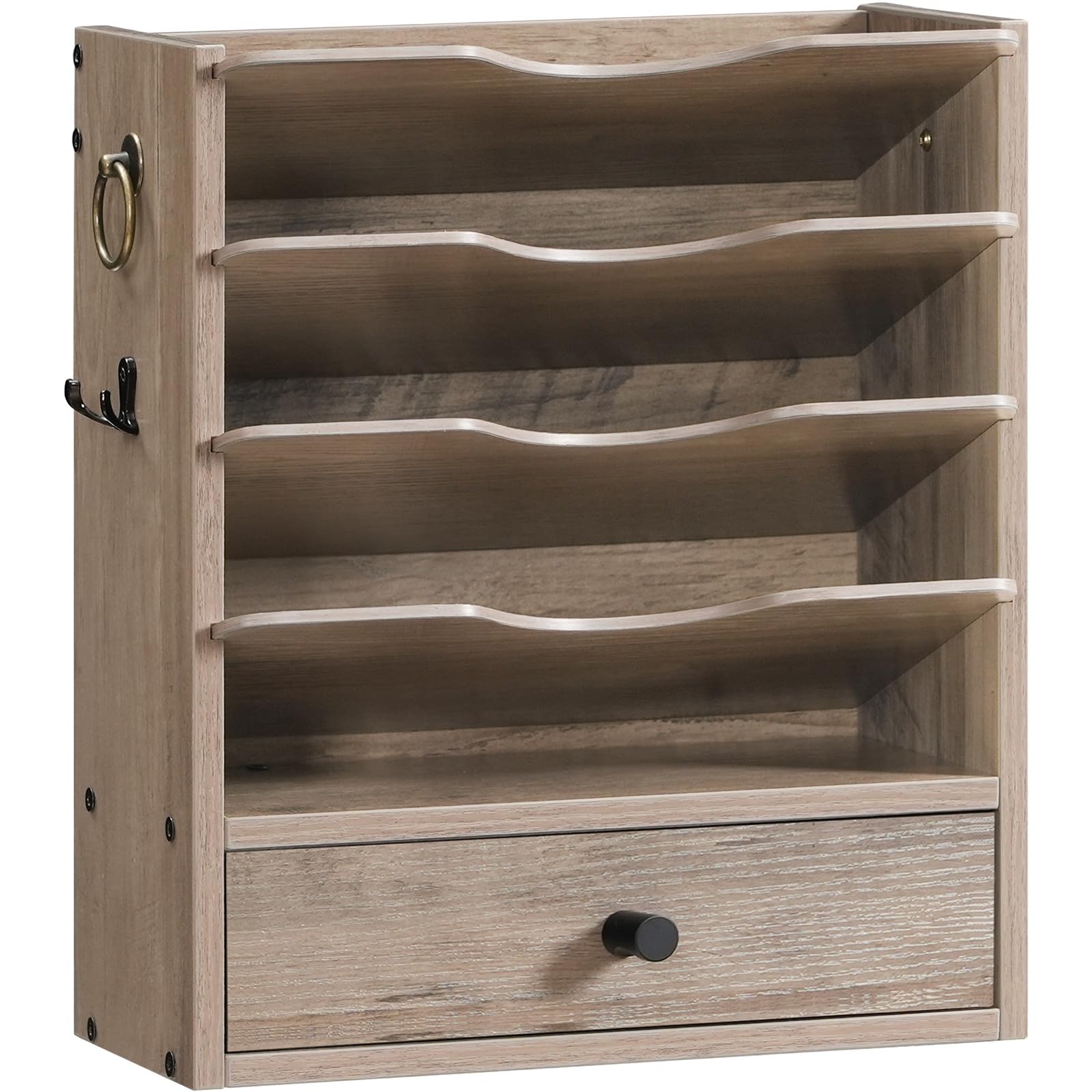 HOOBRO Wooden Wall File Organizer with Drawer & Hooks - Mail, Literature & Construction Paper Storage - Space Saving Office, Classroom & Home Organization (Greige BG14WF01) - Perfect for Desk, Wall & Workspace Organization