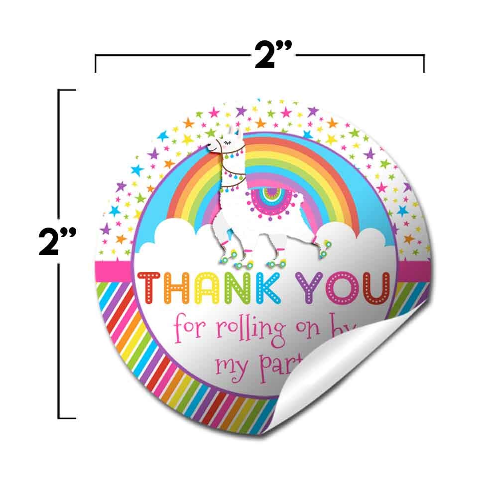 Colorful Rainbow Llama Roller Skating Thank You Stickers for Kids - 40 Pack 2 Inch Round Party Labels by AmandaCreation - Perfect for Birthday Favors, Envelope Seals, Goodie Bags & Scrapbooking