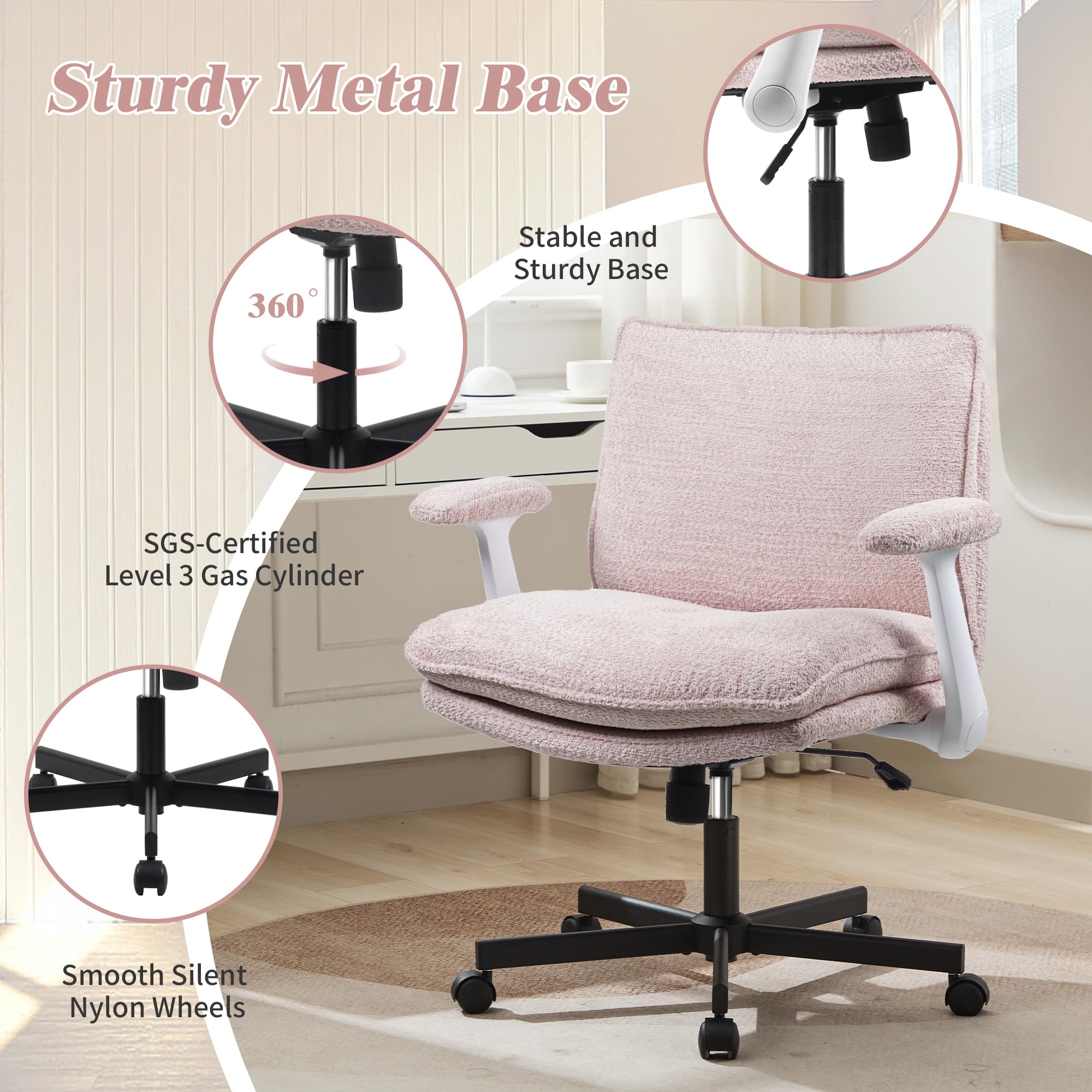 Ergonomic Cross Legged Office Chair with Wheels - Pink Upholstered Criss Cross Desk Chair with Flip-Up Armrests & Wide Seat - Perfect for Home Office, Vanity, Apartment & Meditation Spaces