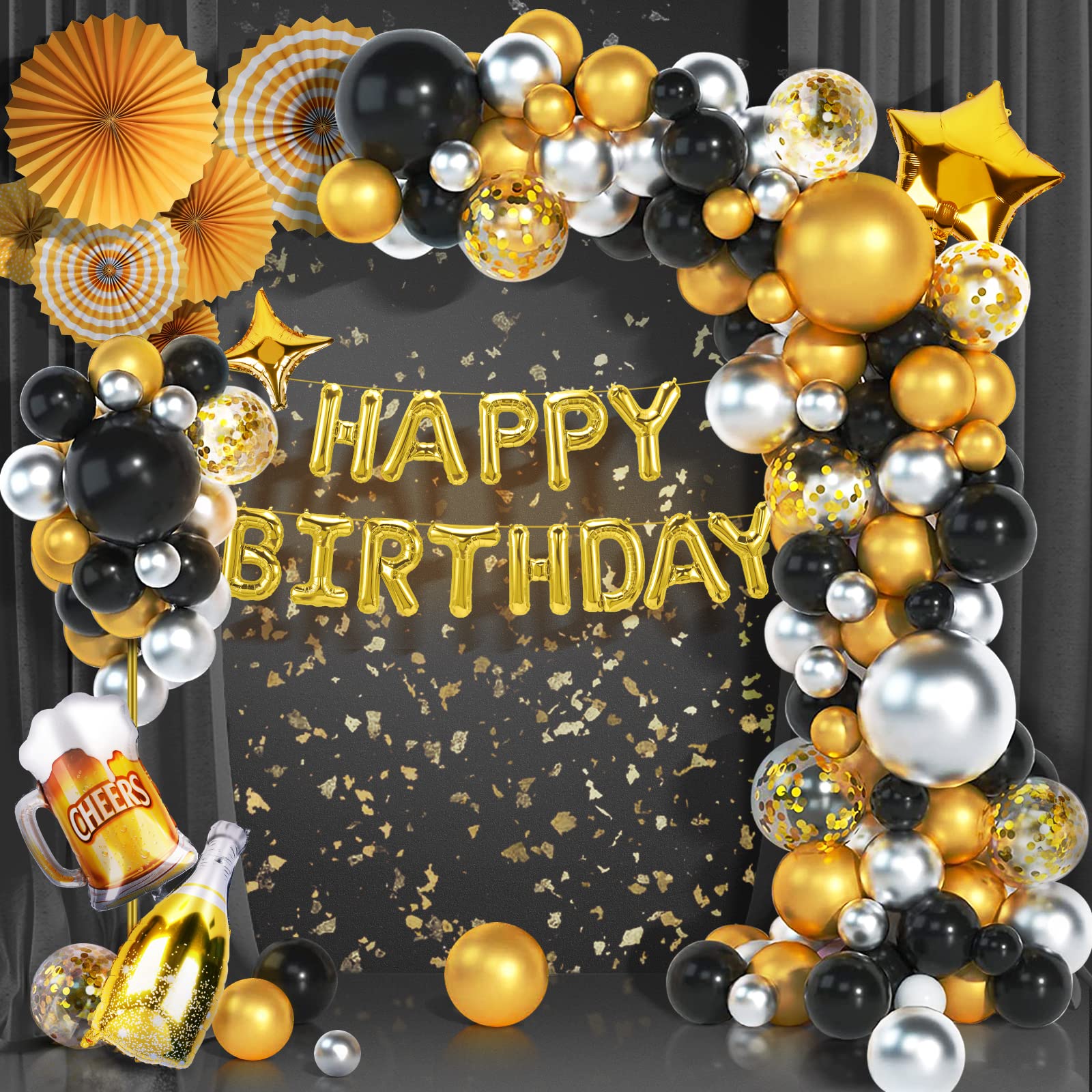 Black Gold Birthday Party Decorations Set - Happy Birthday Balloons, Confetti Balloons, Cheers Banner, LED String Lights & Champagne Foil Balloons for Men & Women | Perfect for Adult Birthday Parties, Anniversary Celebrations & Bachelorette Decor