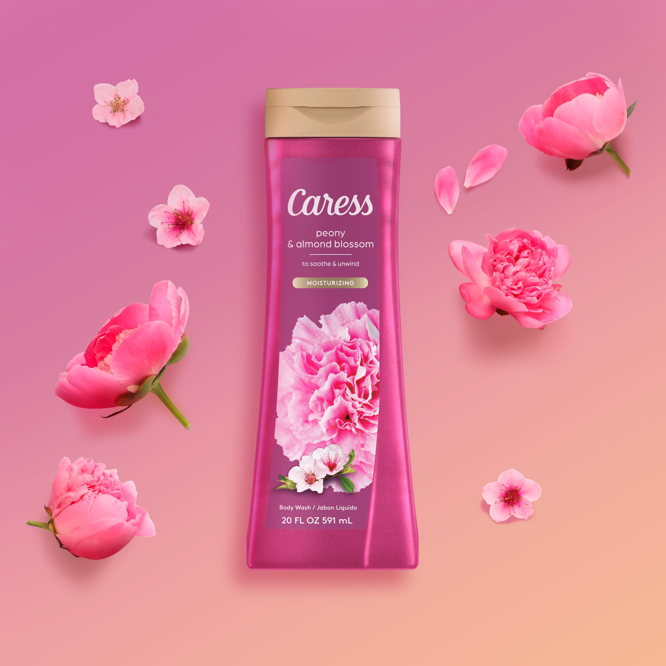 Caress Peony & Almond Blossom Moisturizing Body Wash for Women - 20 fl oz (Pack of 4) | Hydrating Shower Gel for Fresh, Smooth Skin | Perfect for Relaxing Baths & Daily Self-Care Routines