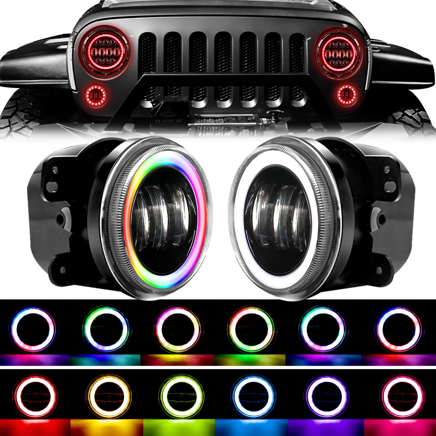 4 Inch RGB LED Fog Lights for Jeep Wrangler JK 2007-2018 | Bluetooth Controlled Halo Fog Lights with Flashing Modes | Off-Road, Night Driving & Custom Car Lighting