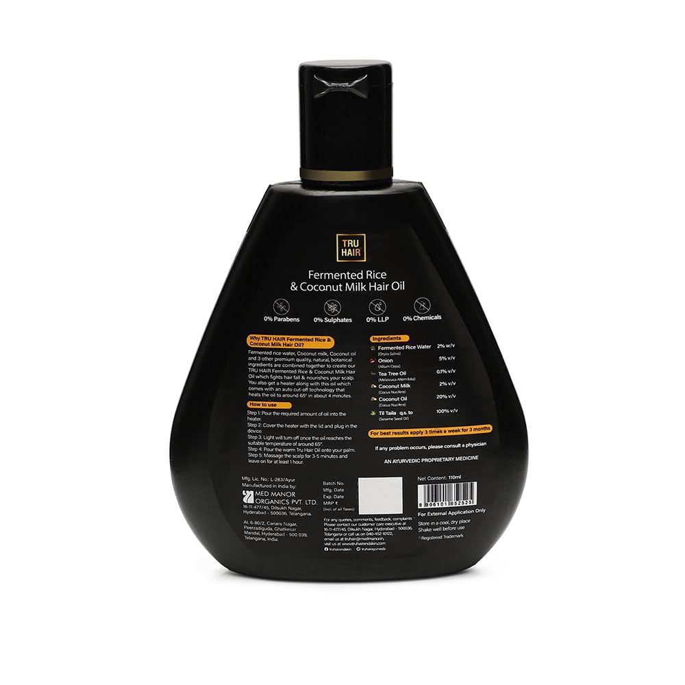 Tru Hair Rice & Coconut Milk Hair Oil - 110ml for Hair Growth & Shine | Natural Nourishing Treatment for Dry, Damaged Hair | Free Heater Included | Perfect for Daily Use & Salon Treatments