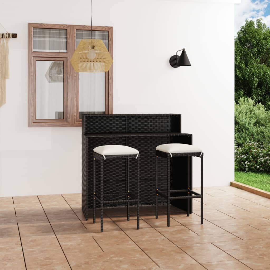 vidaXL 3-Piece Patio Bar Set with Cushions - Outdoor Bar Table & Stools with Footrest - Modern Farmhouse Black Dining Furniture for Backyard, Deck, or Poolside