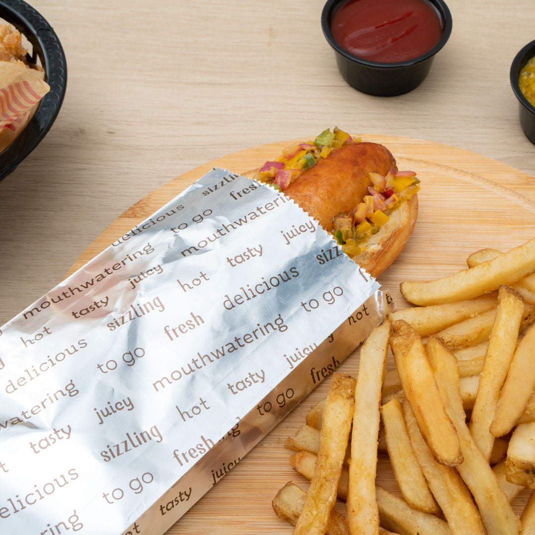 Eco-Friendly Small Hot Dog Foil Bags - 3 3/4 x 1 1/4 x 9 Inches, 100 Count Box - Perfect for Food Trucks, Concession Stands & Party Snacks