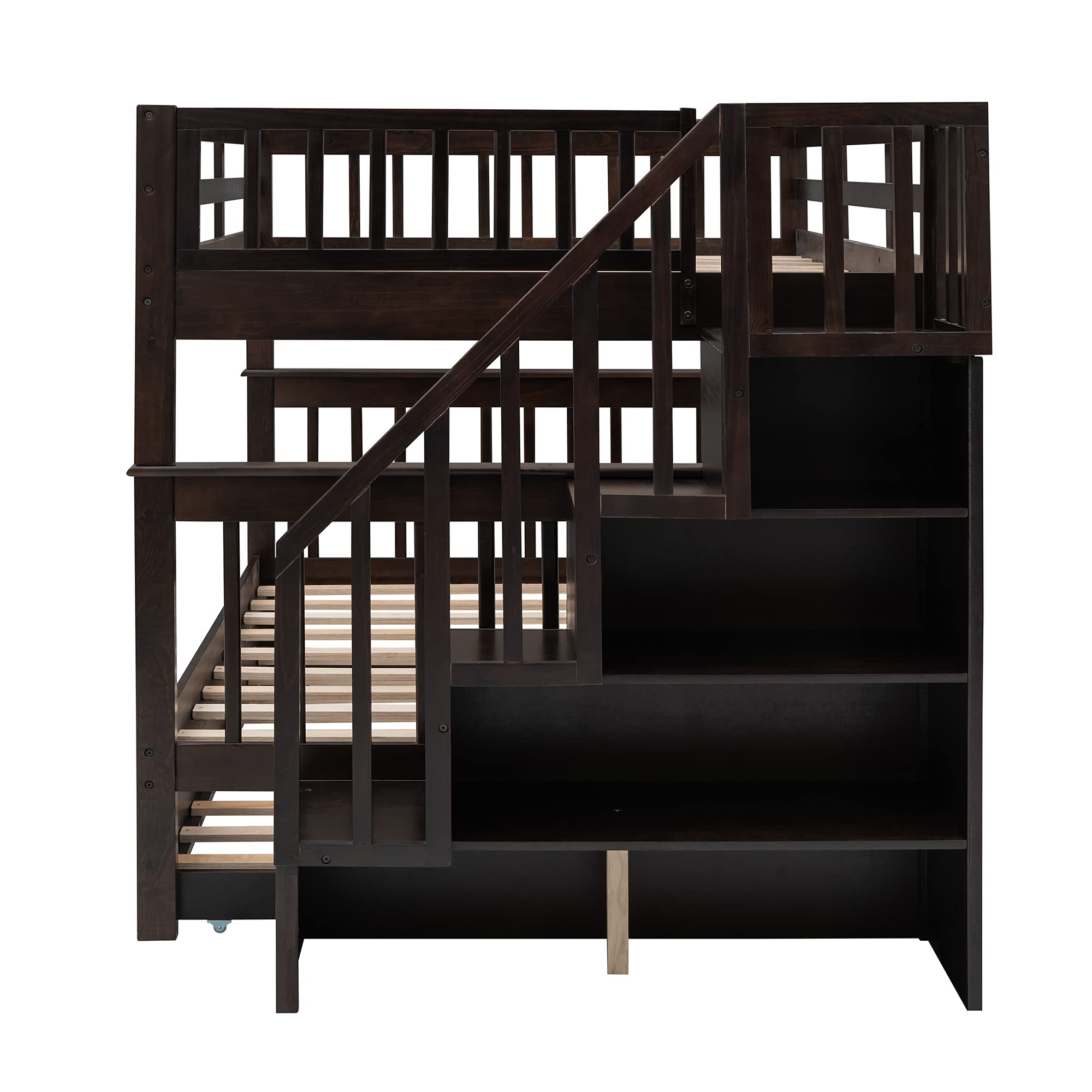 MERITLINE Full Over Full Wooden Bunk Bed Frame with Trundle & Stairs - Convertible Kids Bunk Bed in Espresso Finish | Space-Saving Twin Bunk for Bedrooms, Guest Rooms & Vacation Homes