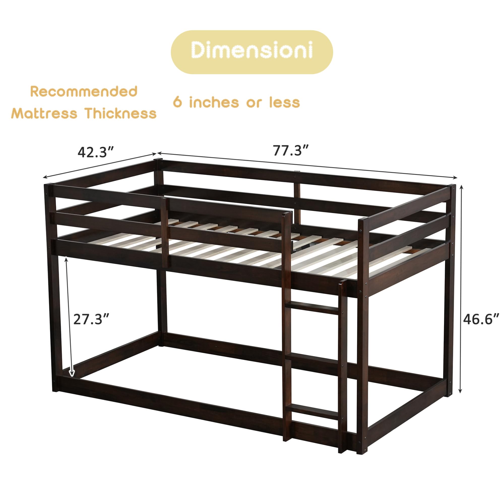 **Twin Over Twin Low Bunk Bed Frame - Wooden Junior Loft Bed for Kids, Boys, Girls & Teens with Safety Rails - Espresso Finish - Perfect for Small Bedrooms, Dorms & Shared Kids' Rooms**