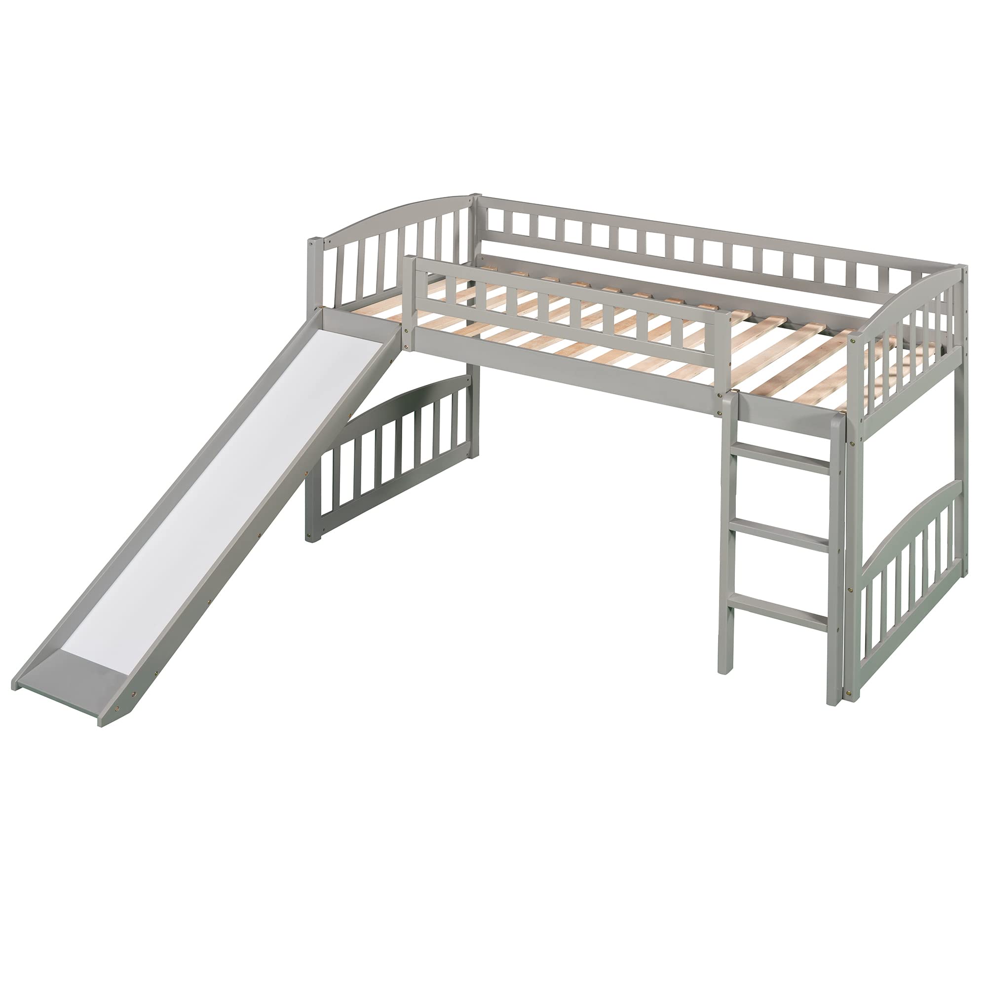 Bellemave Twin Loft Bed with Slide and Ladder - Low Height Wooden Bunk Bed for Kids, Boys & Girls - Space Saving Gray Children's Bedroom Furniture for Small Rooms & Play Areas