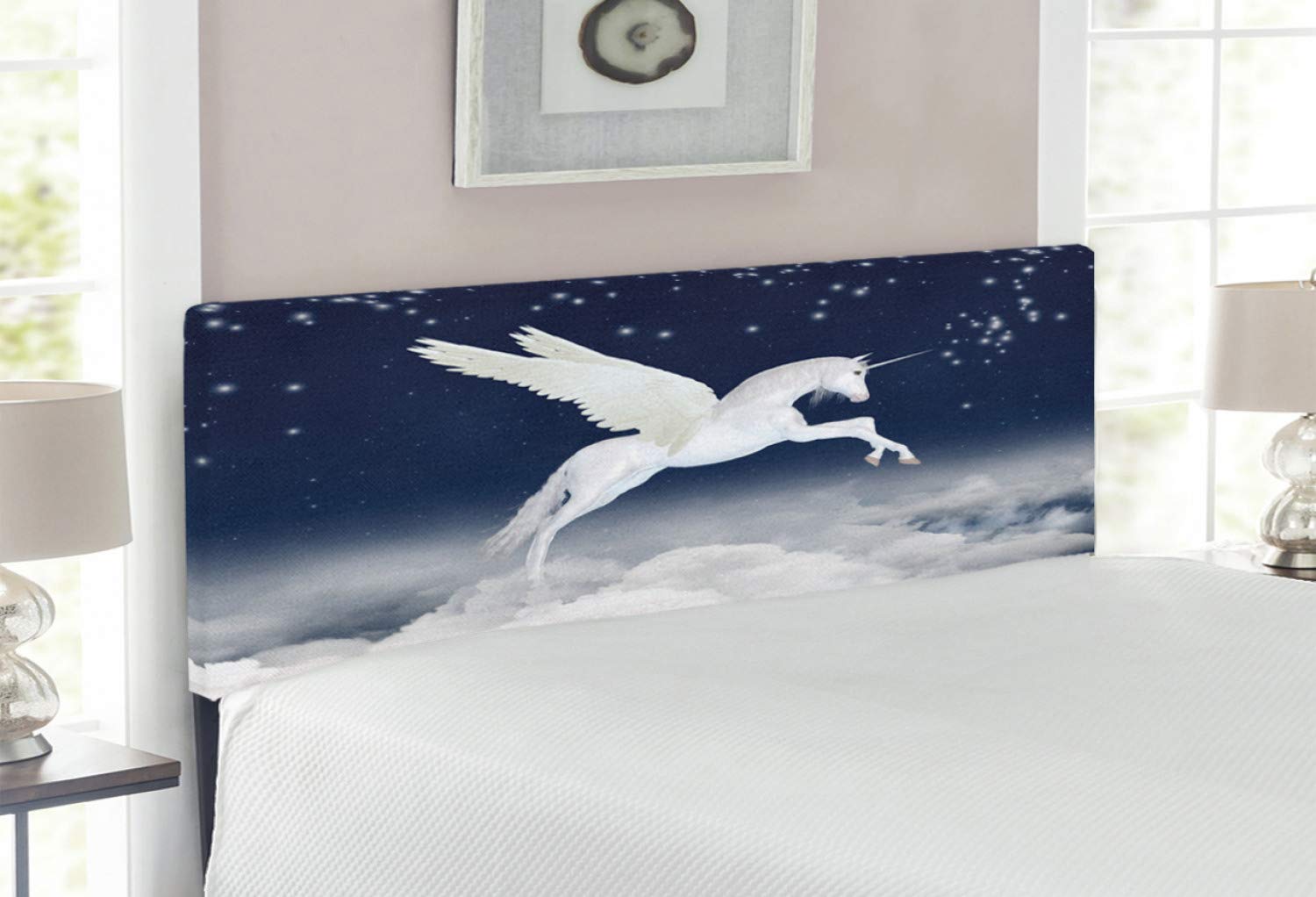 Ambesonne Fantasy Unicorn Headboard - Full Size Upholstered Metal Bed Headboard with Memory Foam, White & Blue Cloud Design | Perfect for Kids' Bedroom, Nursery Decor & Fantasy Themed Rooms