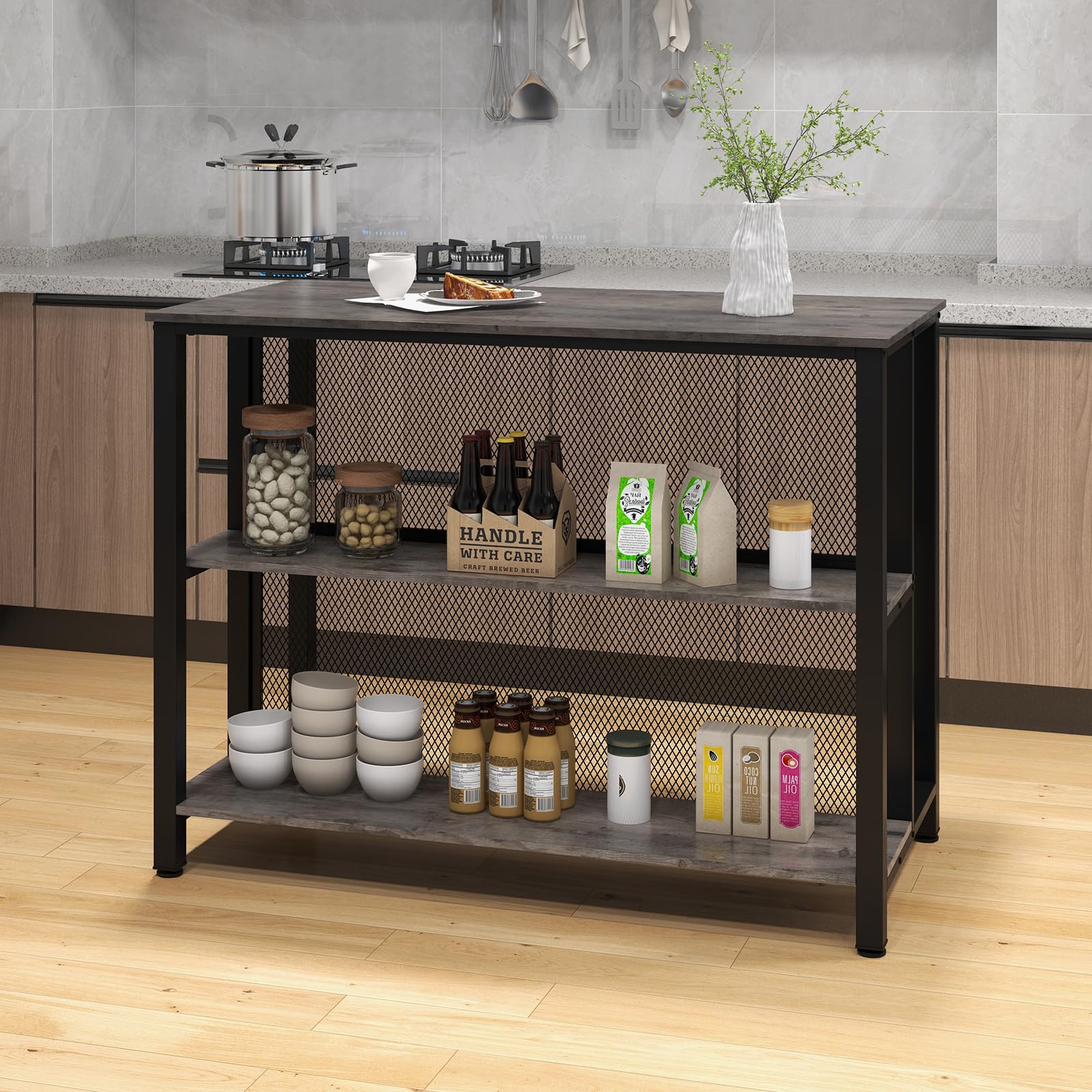 COSTWAY 3-Tier Home Bar Table with Storage Shelves | Metal Frame Bar Cabinet with Adjustable Foot Pads | Kitchen Island, Dining Room & Breakfast Corner Bar Unit (Grey) | Perfect for Small Space Entertaining & Compact Home Bars
