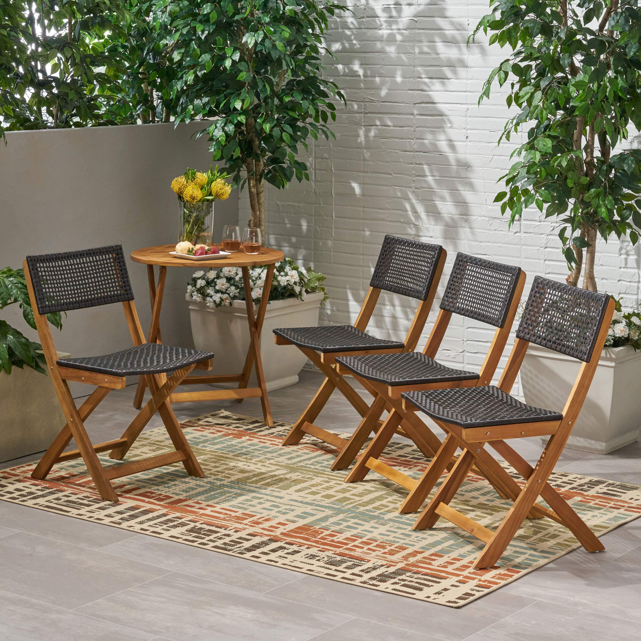 Premium Acacia Wood Folding Bistro Chairs with Woven Wicker Seats (Set of 4) - Weather-Resistant Outdoor Patio Furniture in Teak Finish & Brown - Perfect for Garden, Poolside, and Restaurant Dining