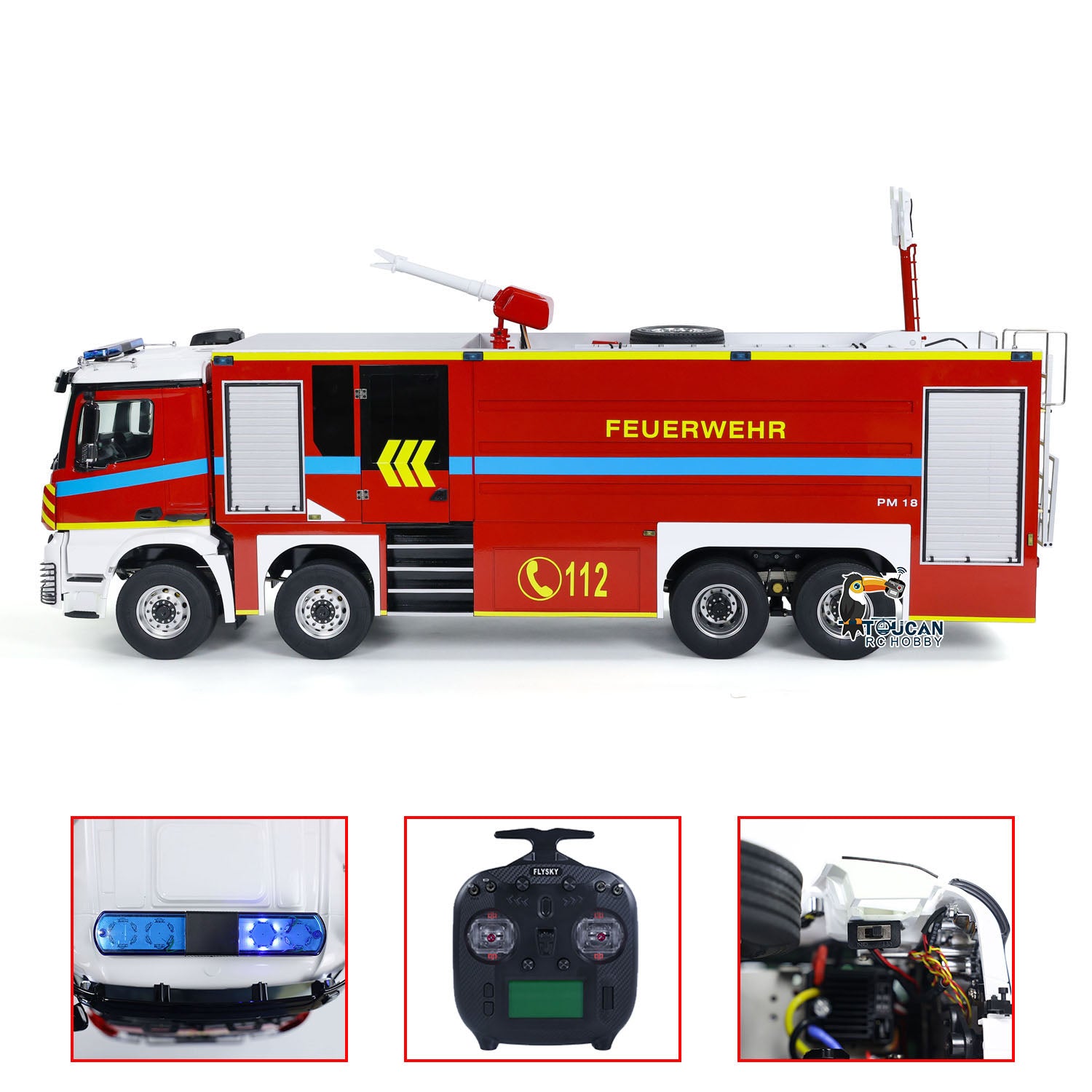 1/14 Scale 8x4 Metal RC Fire Truck Chassis - Radio Controlled Fire Engine with Light & Sound, FlySky ST8 Motor, Servo, Pre-Assembled & Painted - Perfect for Firefighting Simulation, RC Hobbyists, and Collectors