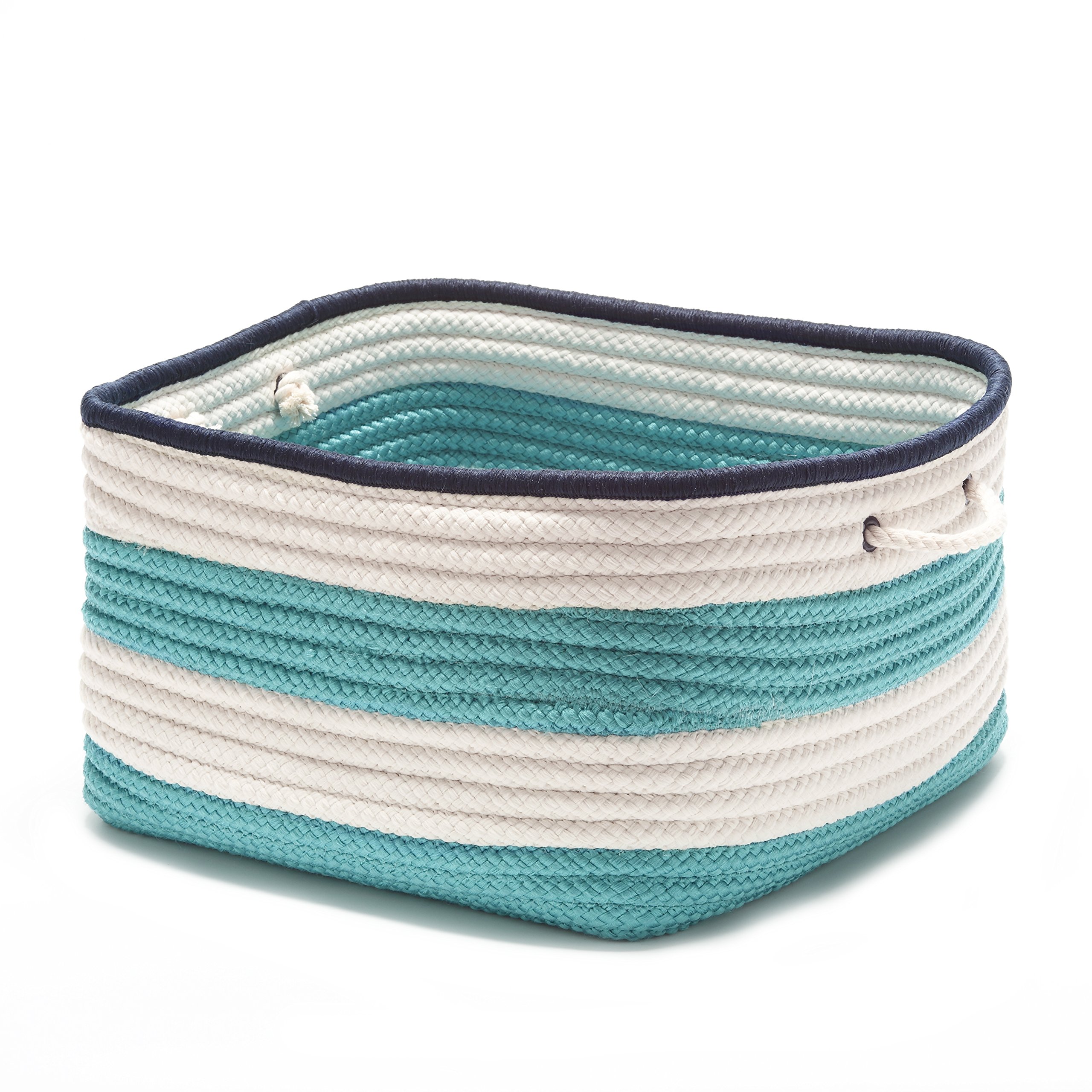 Nautical Stripe Woven Storage Baskets - 14x14x10 Inch Turquoise and Navy Blue Decorative Baskets for Home Organization, Nursery, Bathroom & Laundry Room Storage