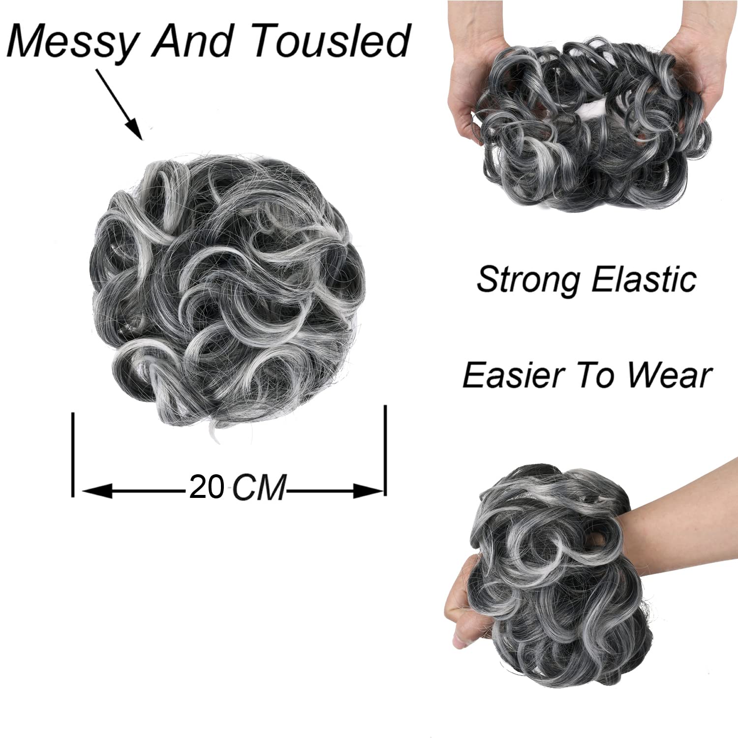 Messy Curly Big Hair Scrunchies | 2.82oz Synthetic Donut Bun Hair Extensions for Women & Girls | Perfect for Updos, Ponytails & Everyday Styling (#1TGray)