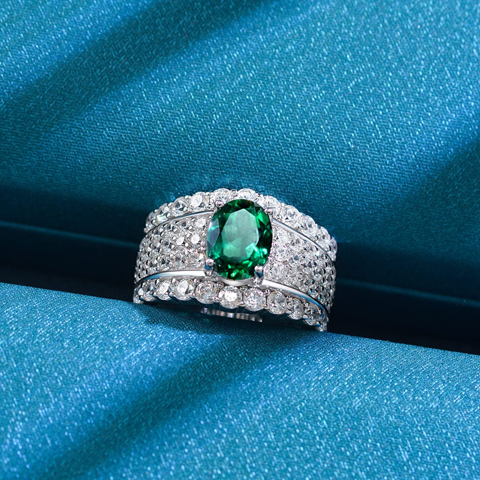 Gualiy 925 Sterling Silver Promise Ring for Women - 9x7mm Created Emerald & Cubic Zirconia Wedding Band, Comfort Fit, Size 5-9 | Perfect for Engagement, Anniversary, Valentine's Day Gift