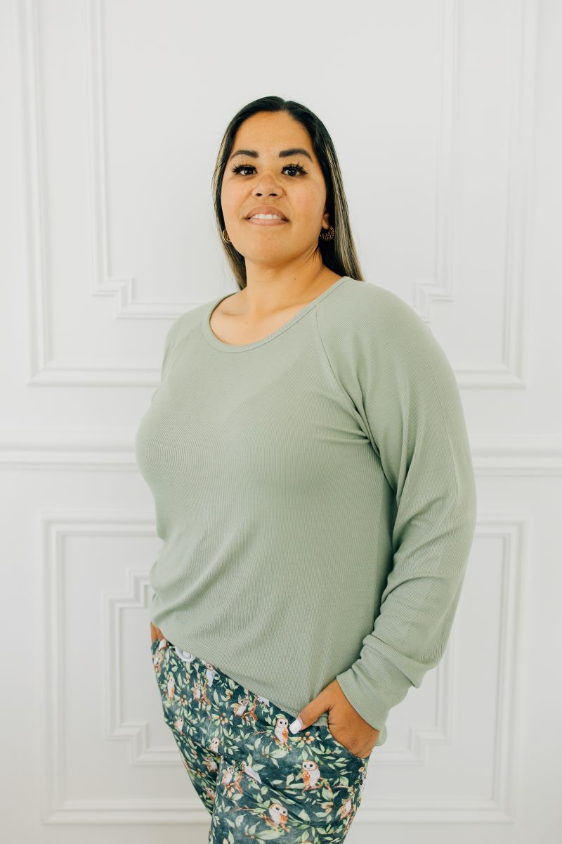 Sage Ribbed Adult Raglan Top - Women's Long Sleeve Casual T-Shirt for Everyday Wear, Workout & Layering | Soft Stretchy Fabric | Trendy Streetwear Style