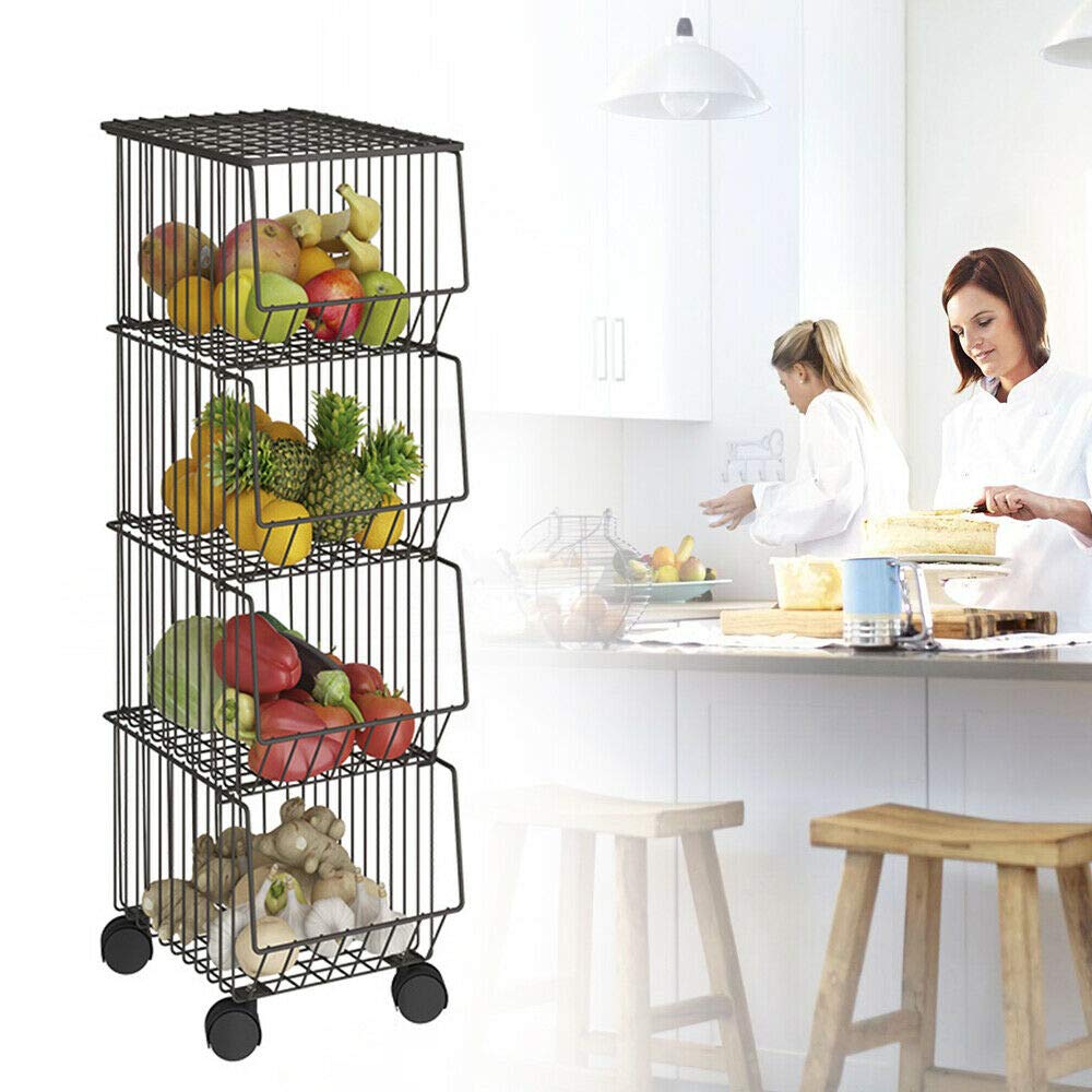 4-Tier Metal Wire Basket with Wheels & Cover - Stackable Kitchen Storage Rack for Vegetables, Fruits, Pantry Items | Rolling Organizer Bin for Kitchen, Pantry, Closet, Bedroom & Bathroom | Perfect for Small Space Organization & Grocery Storage