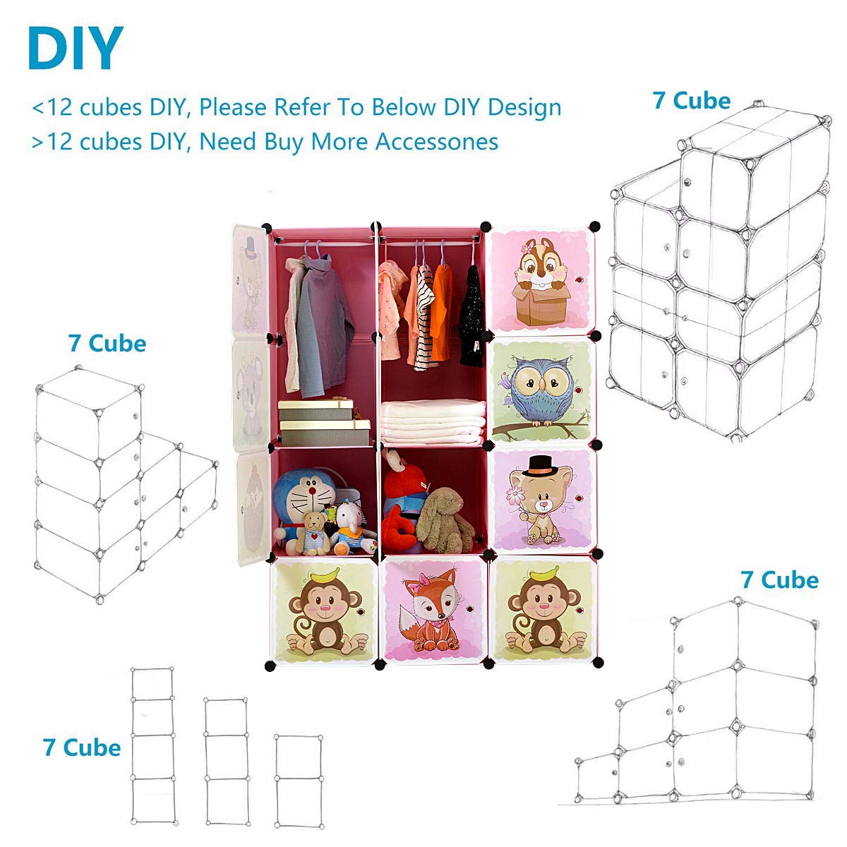 Portable Kids Closet Organizer - 8-Cube & 2-Hanging Section DIY Storage Wardrobe for Children | 30% Deeper Space, Sturdy & Safe Pink Clothes Storage | Perfect for Bedroom, Nursery, and Playroom Organization