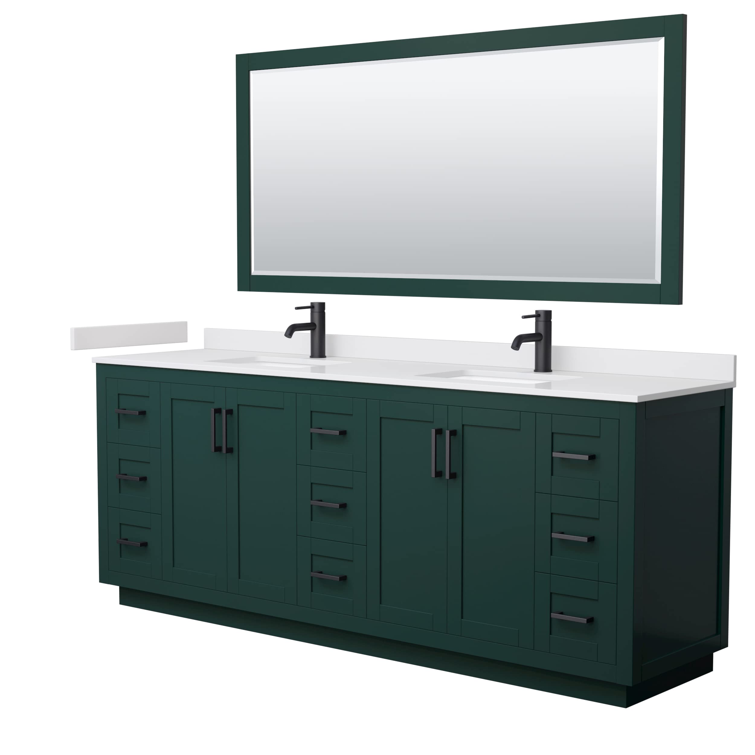 Wyndham Collection Miranda 84 Inch Double Bathroom Vanity with Green Base, White Cultured Marble Countertop & Undermount Square Sinks - Matte Black Trim & 70 Inch Mirror - Perfect for Modern Master Bathrooms & Guest Suites