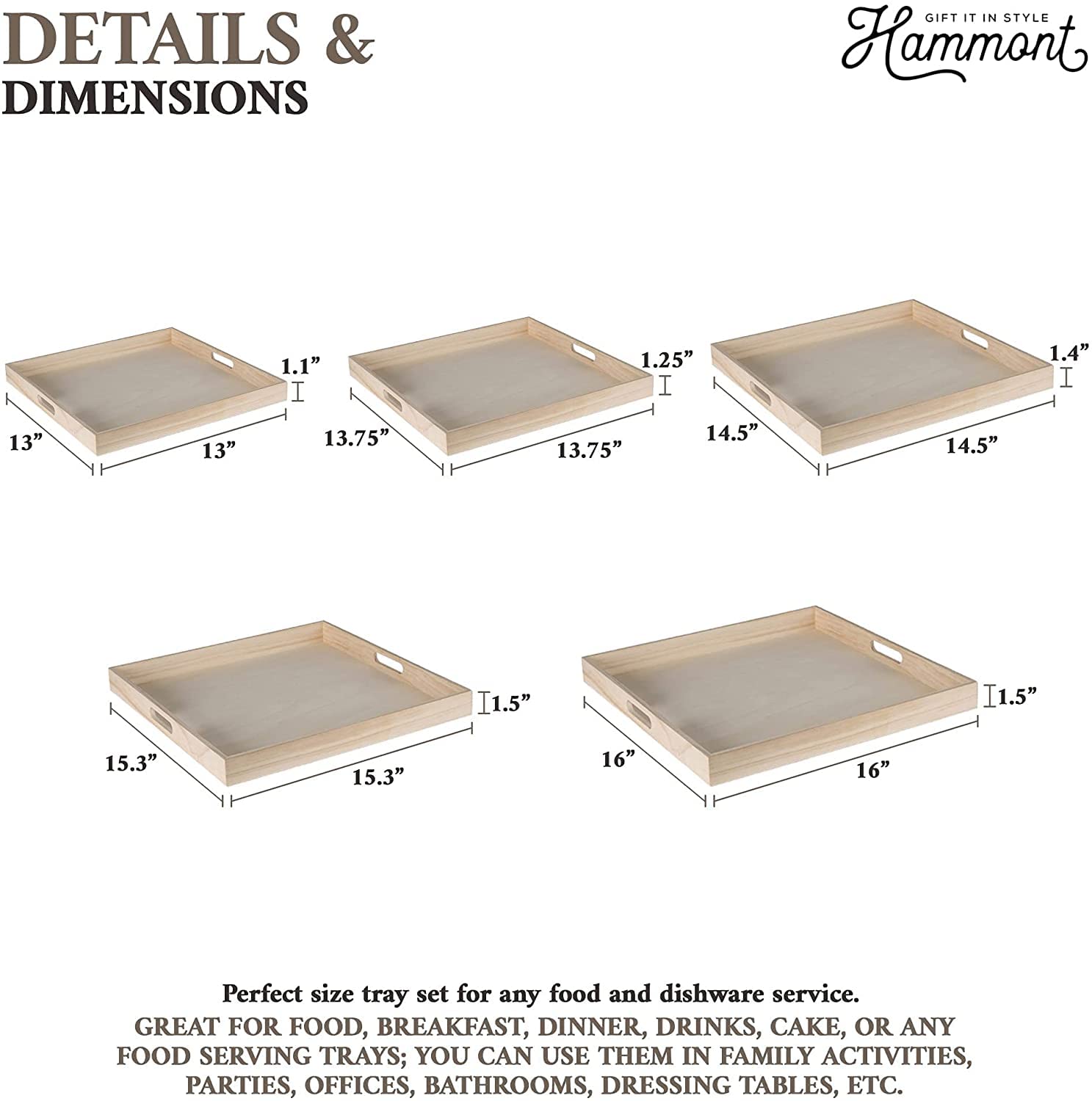 Wooden Square Trays and Sets - Bulk 6 Nesting 30 Piece Breakfast Serving Trays for Buffet, Montessori, Party, Home Organization & Decor | Perfect for Dining, Entertaining, Classroom Activities and Stylish Storage