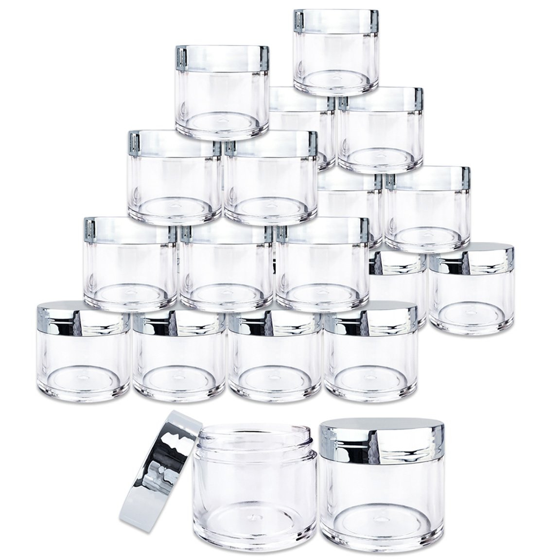 Beauticom 30G/30ML (1 Oz) Round Clear Plastic Jars with Flat Top Lids - BPA Free Food Storage Containers for Herbs, Spices, Loose Leaf Tea, Coffee, Cosmetics & DIY Crafts (24 Pack, Silver) - Perfect for Kitchen Pantry Organization & Small Item Storage