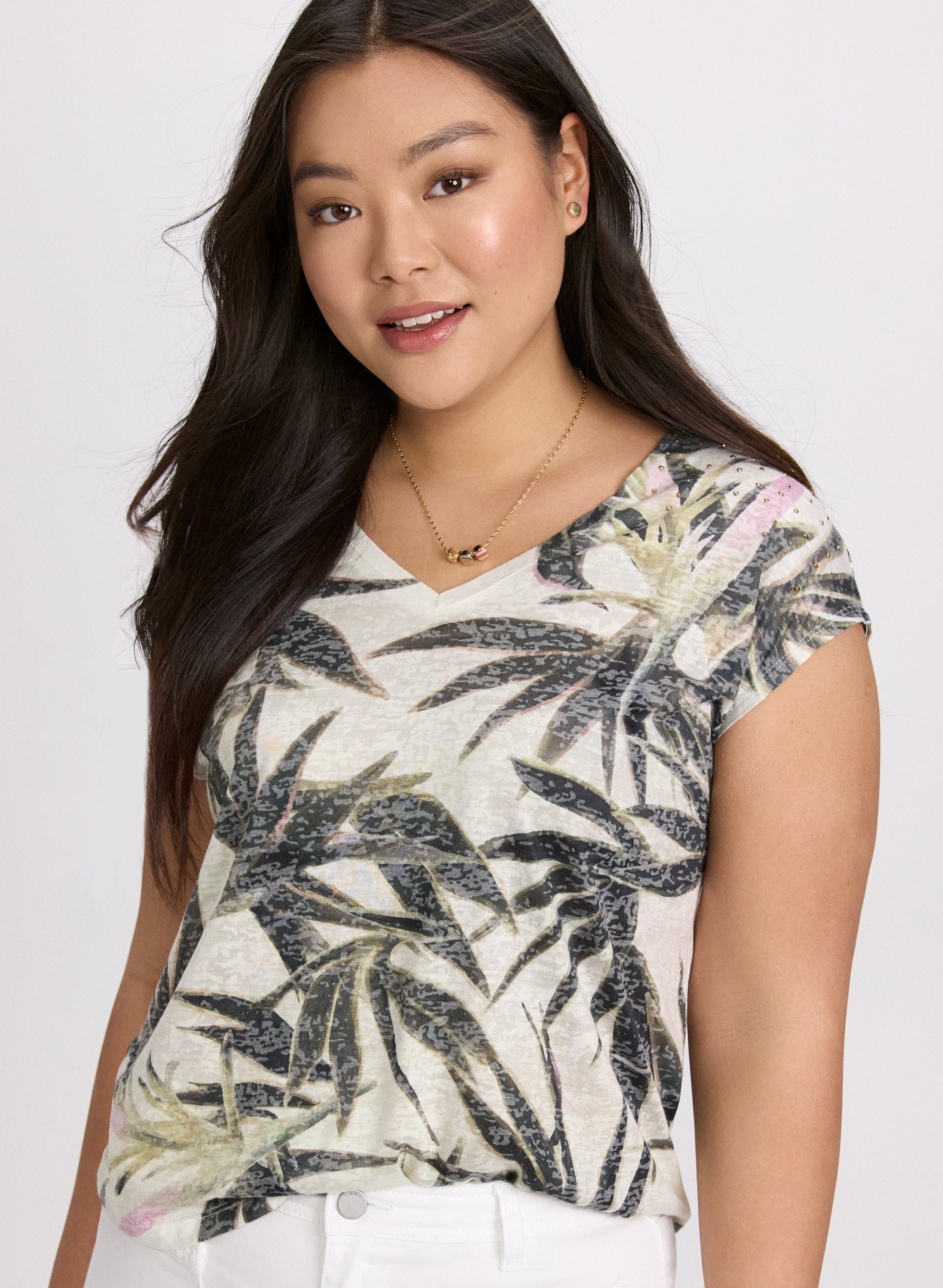 Embellished Palm Print T-Shirt for Women - Stylish Casual Summer Top - Perfect for Beach, Vacation & Everyday Wear