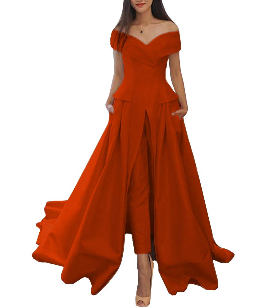 Honeydress Women's Off Shoulder Long Prom Dress with Pockets - Elegant Formal Evening Gown with Pants in Orange Red | Perfect for Prom, Wedding Guest, Cocktail Party & Special Occasions