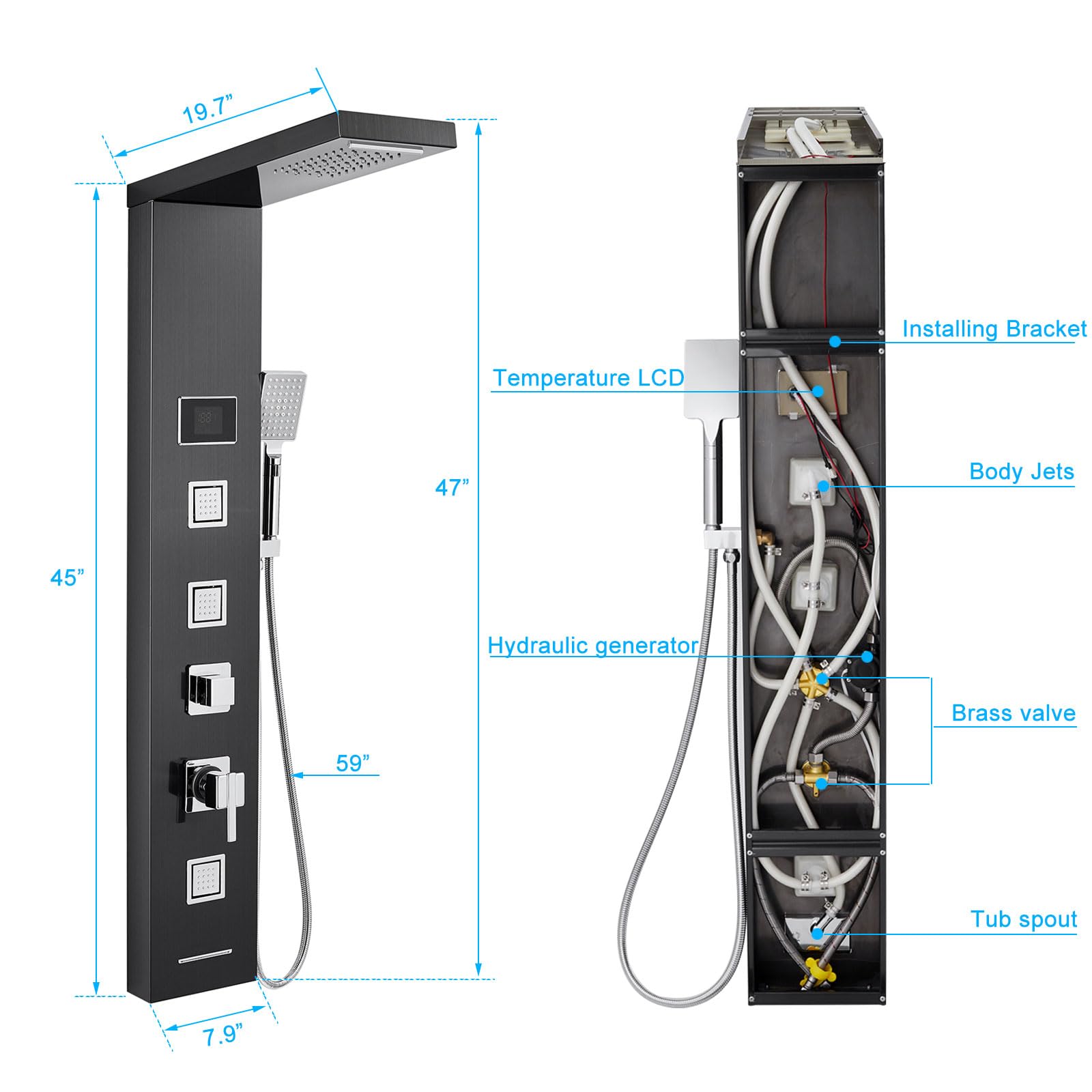 Premium LED Shower Panel Tower System - Black Stainless Steel 304 with 5-Function Rainfall, Waterfall & Body Jet Massage for Spa-Like Bathroom Experience | Perfect for Master Bathroom, Luxury Hotel & Wellness Center