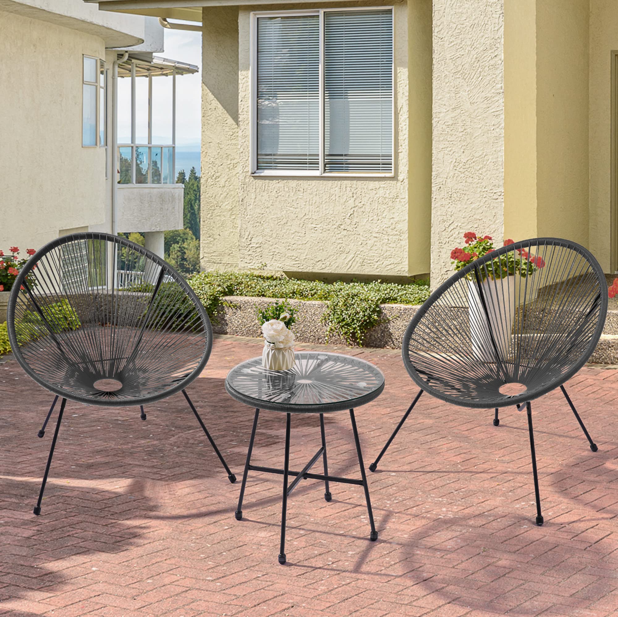 3-Piece Patio Furniture Set - Acapulco Chair with Glass Top Table & 2 Chairs - Indoor/Outdoor Seating Set in Grey - Perfect for Backyard, Garden, Poolside & Balcony Relaxation