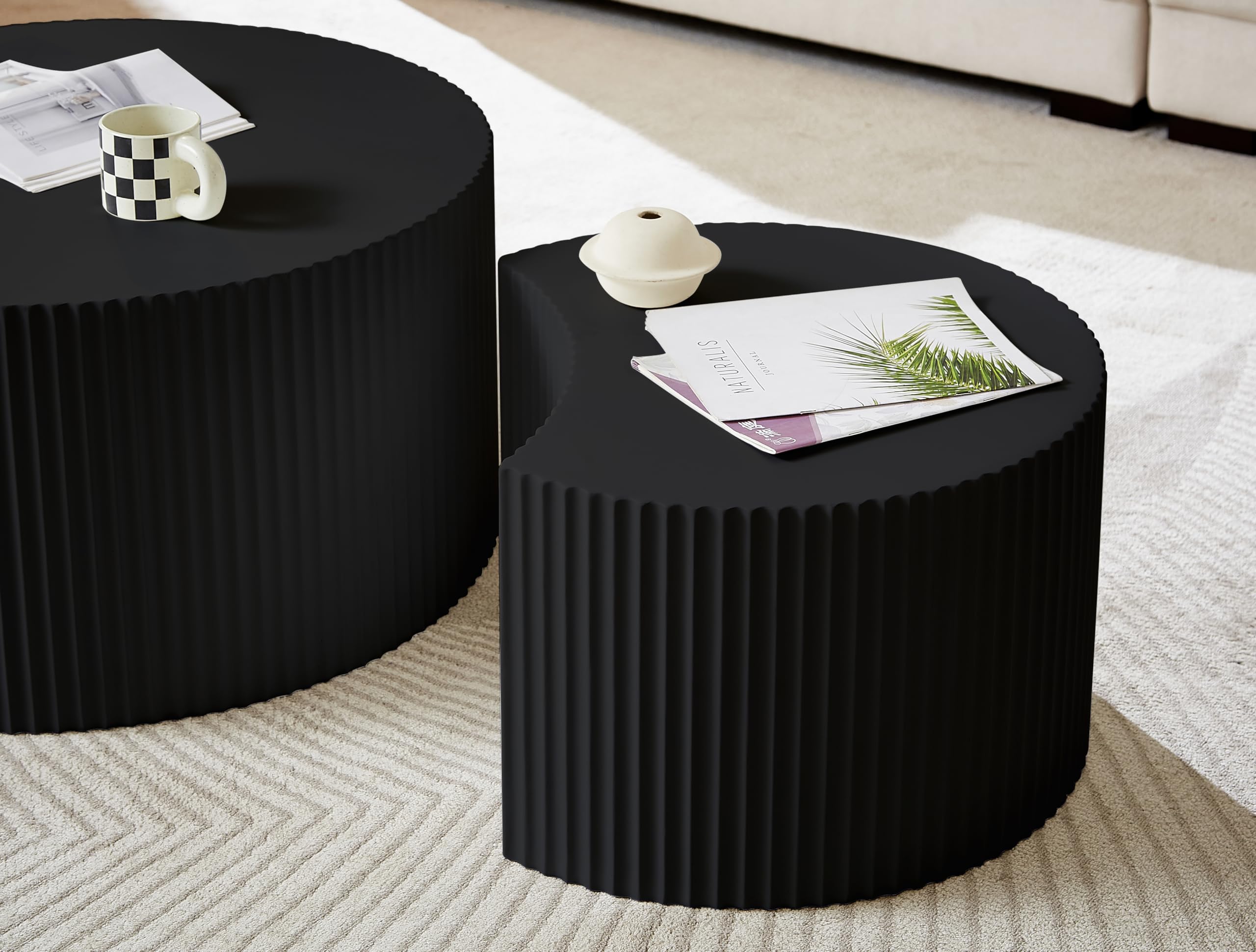 JUSTONE 2-Piece Nesting Coffee Table Set - Modern Matte Black Round Drum Side Tables for Living Room, Apartment, Bedroom - Space-Saving End Tables for Small Spaces & Home Decor (Black) | Perfect for Coffee, Books & Living Room Essentials