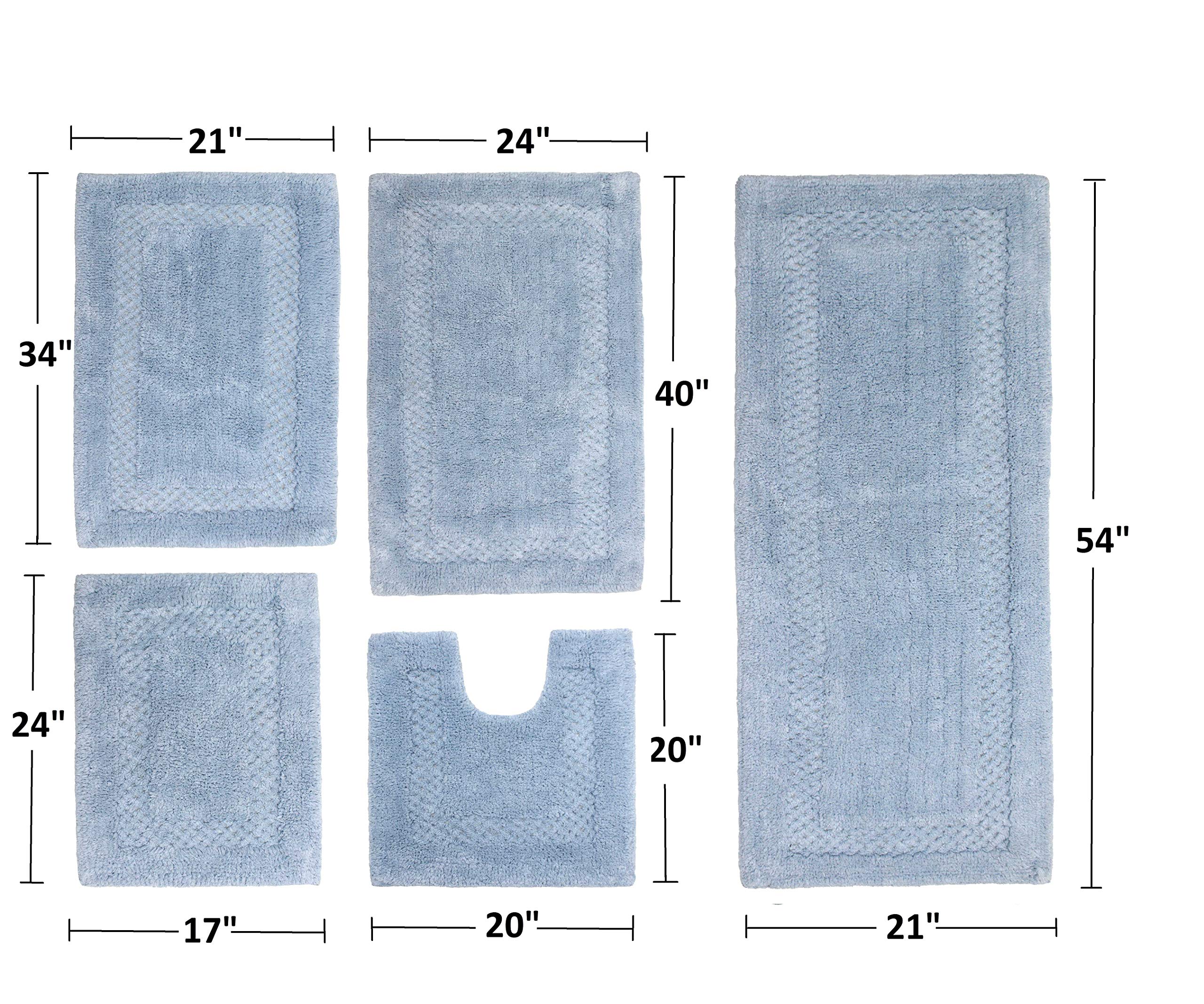 Premium 100% Cotton Bathroom Rugs Set - 5 Piece Non-Slip Bath Mat with Contour | Ultra Soft, Absorbent & Washable Bathroom Floor Mats | Perfect for Bathroom, Kitchen & Shower Use (Blue)
