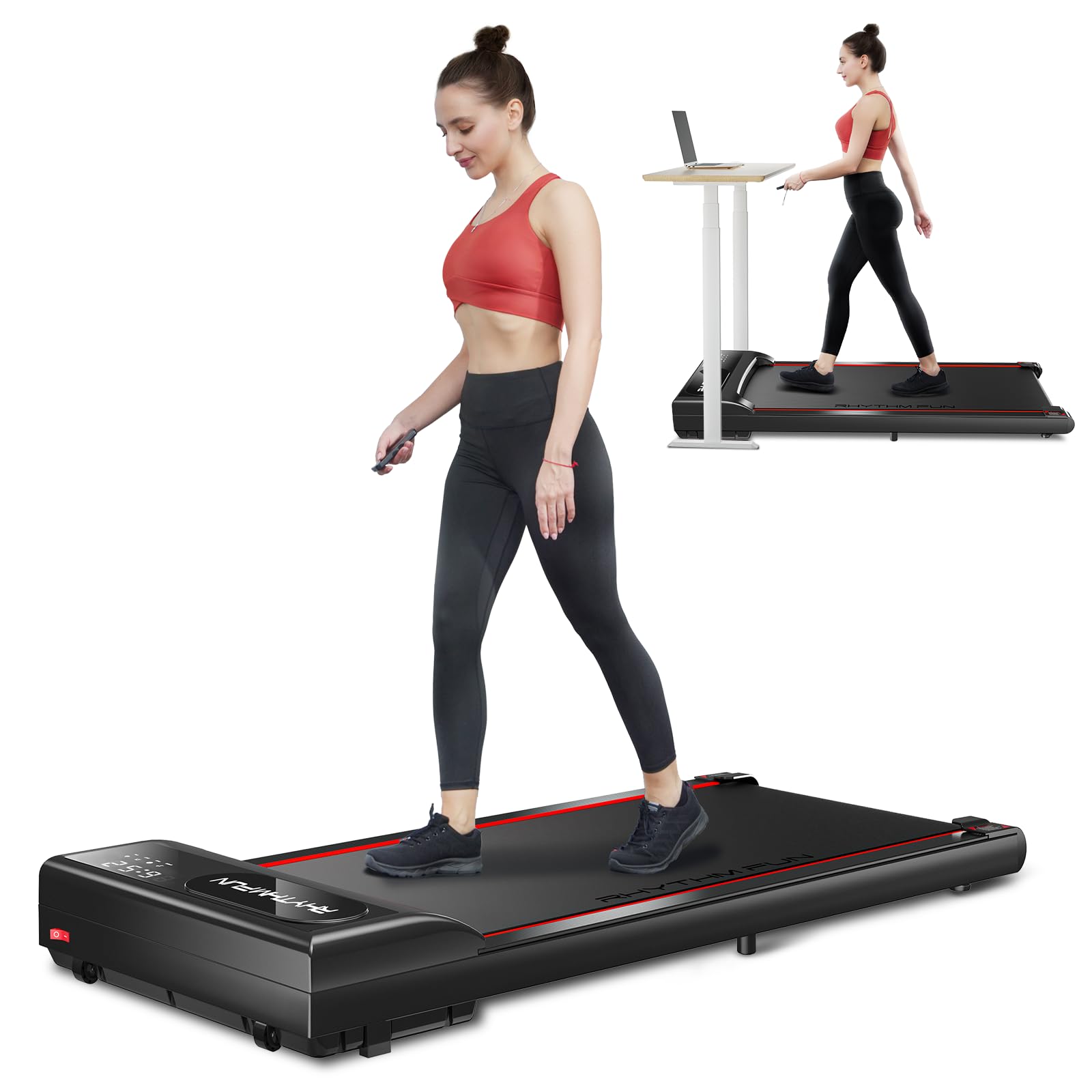 RHYTHM FUN Under Desk Treadmill with Incline - 300 Lbs Capacity, Remote Control & LED Display - Portable Walking Pad for Home Office, Small Spaces & Apartment Workouts - Perfect for Work from Home, Fitness & Compact Exercise