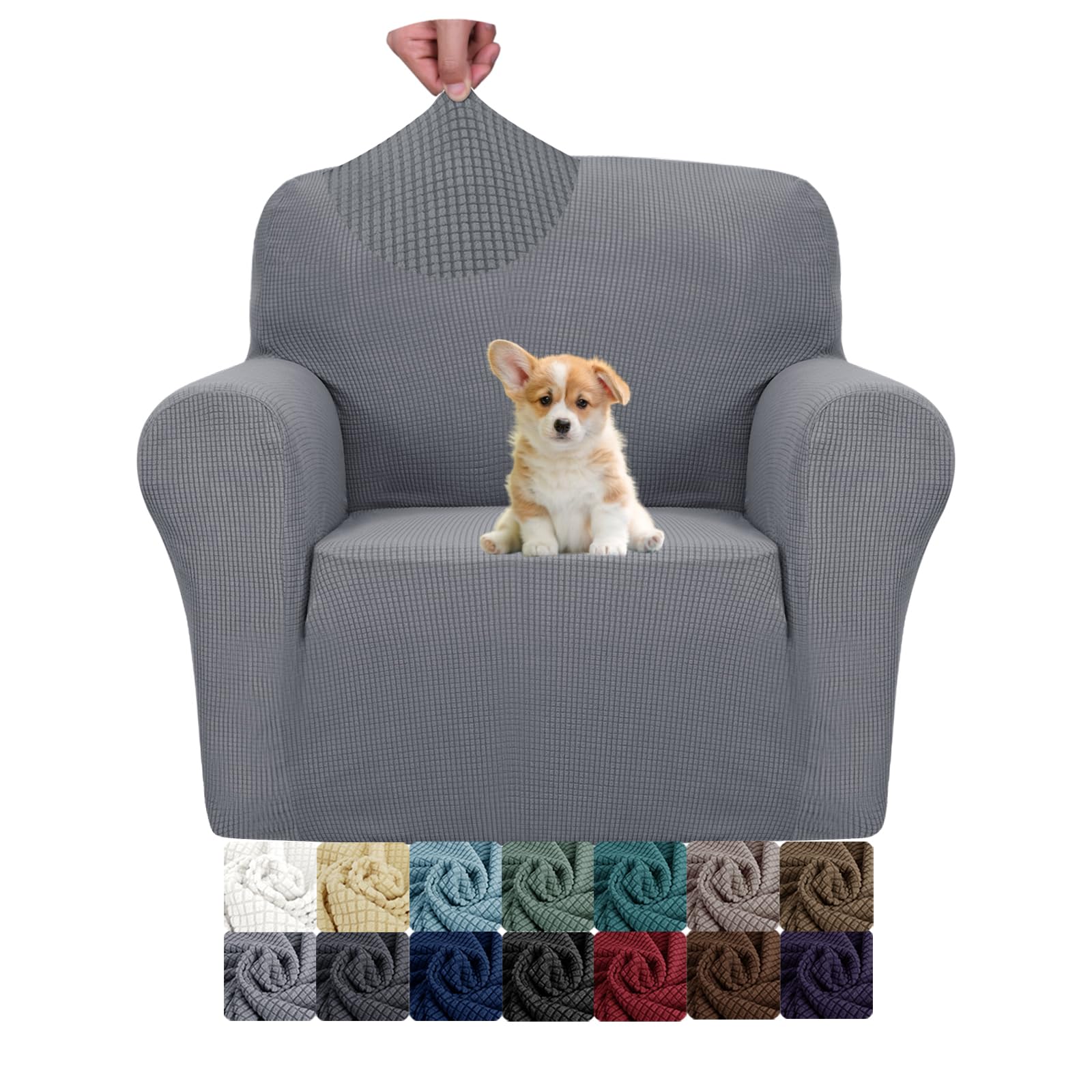 JIVINER Super Stretch Jacquard Sofa Slipcover - 1-Piece Anti-Slip Chair Cover for Living Room, Soft Furniture Protector for 1-Seater Couch, Small Check Design Perfect for Kids & Pets (Light Gray) - Ideal for Home Decor, Pet Owners & Family Use