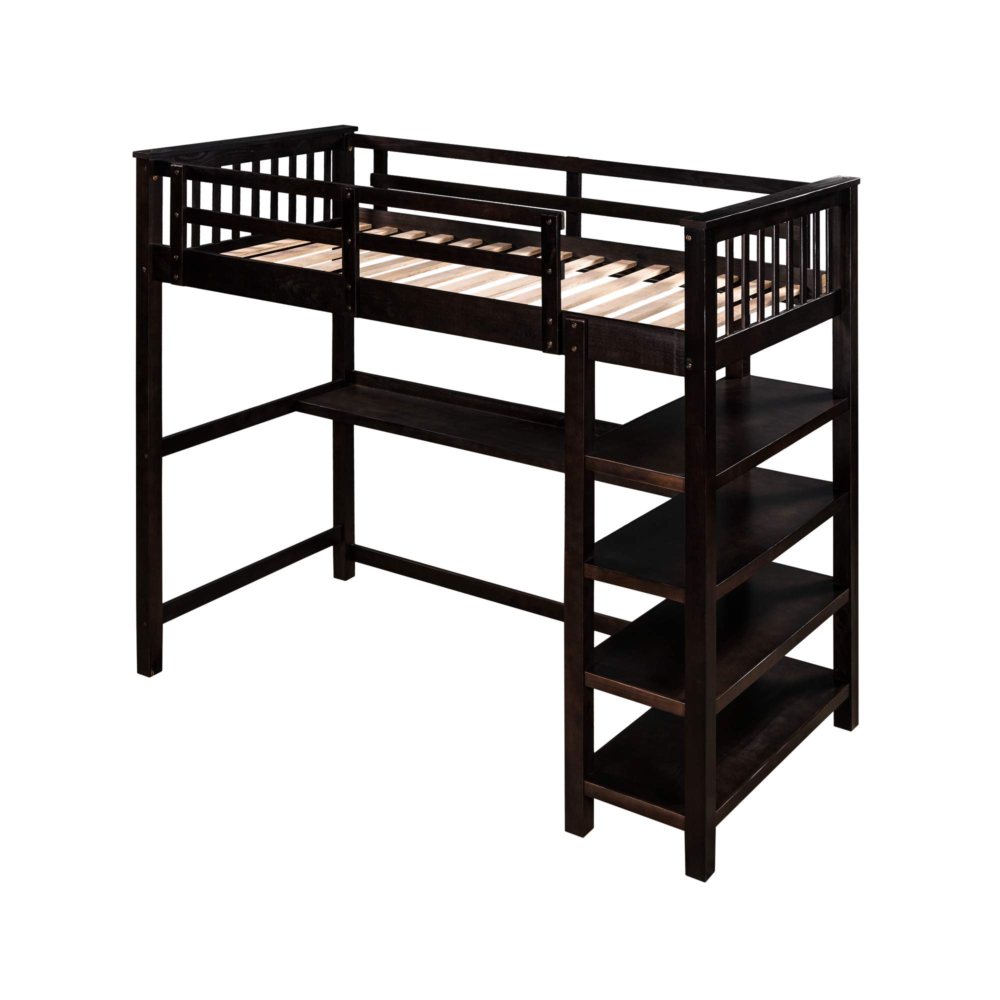 Twin Size Wooden Loft Bed Frame with Storage Shelves, Under-Bed Desk, Full-Length Guardrail & Built-in Ladder - Space-Saving Study & Sleep Solution for Kids, Teens & Adults (Espresso Finish) - Perfect for Small Bedrooms, Dorm Rooms & Studio Apartments