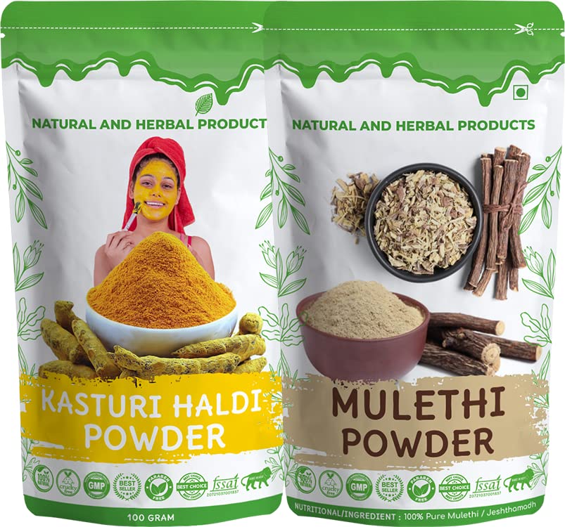 Natural Herbal Mulethi Powder (Liquorice, Yashtimadhu) & Kasturi Haldi (Wild Turmeric) Combo for Skin Whitening, Dark Circles & Facial Care - Organic Ayurvedic Beauty Treatment for Glowing Skin & Healthy Digestion | Perfect for DIY Face Masks, Herbal Teas & Holistic Wellness