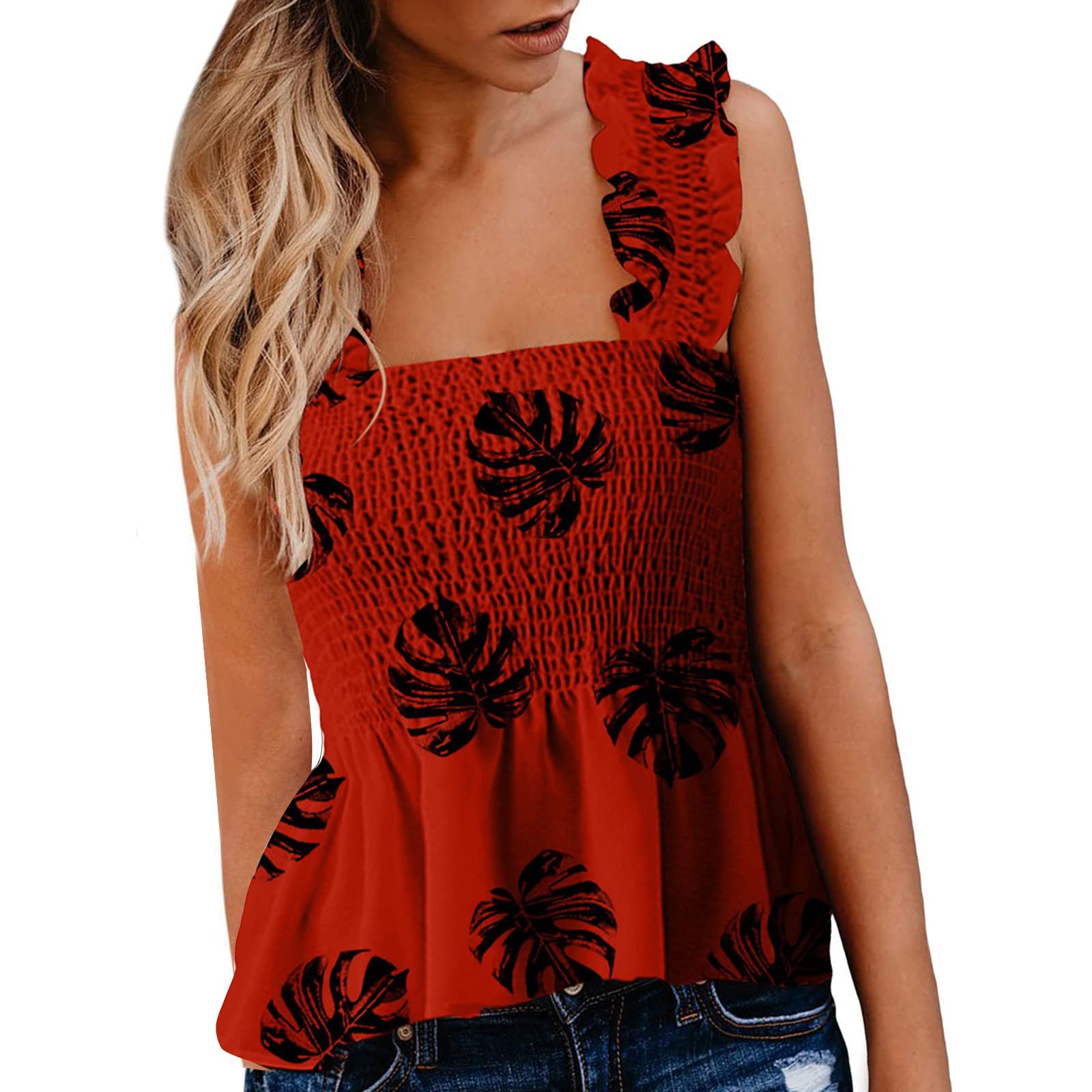 Women's Ruffle Tank Tops - Sleeveless Smocked Summer T-Shirts & Flowy Peplum Blouses for Boho Beach Style | Perfect for Vacation, Music Festivals & Casual Outfits