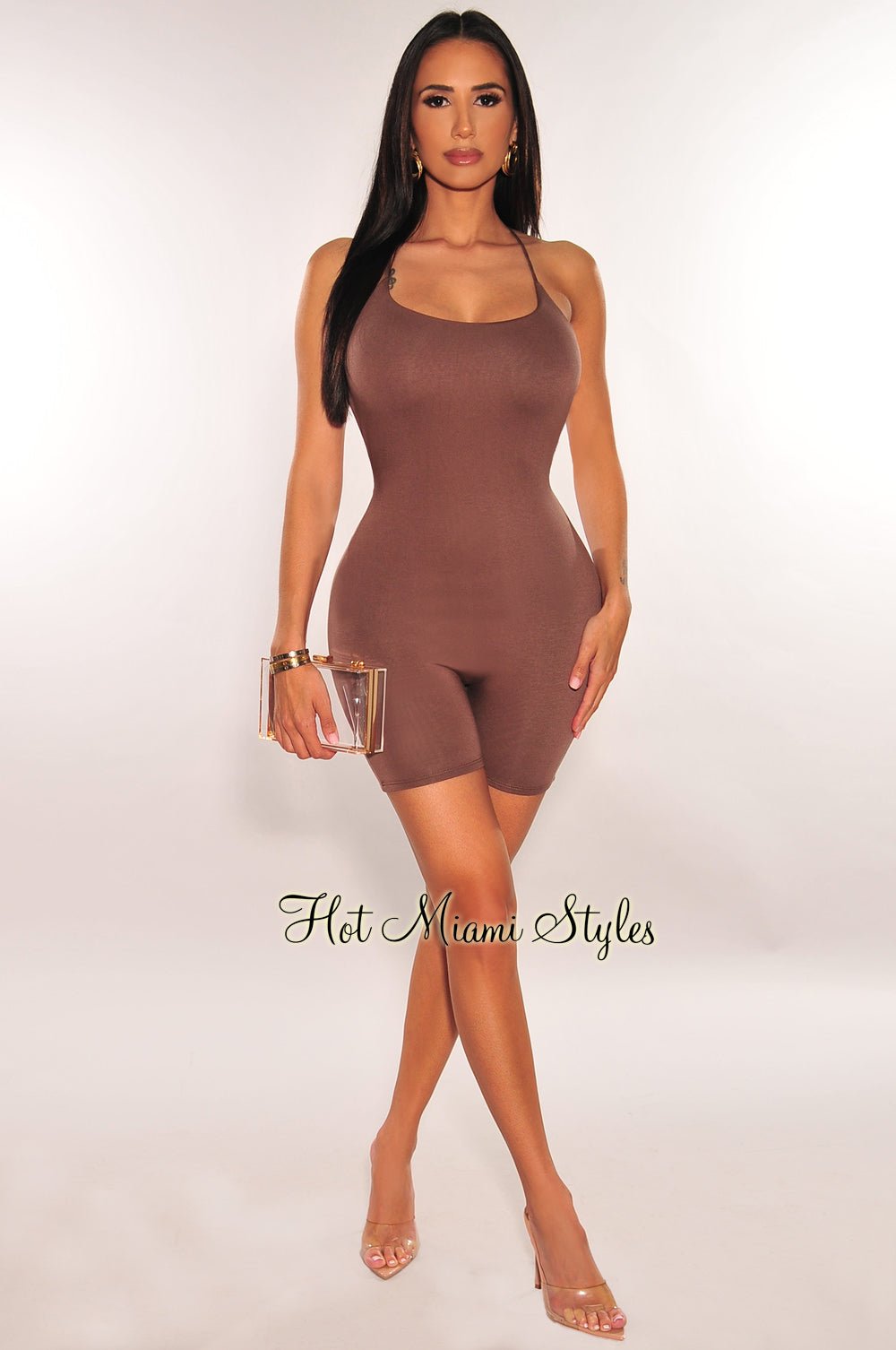 Sexy Chocolate Brown Spaghetti Strap Open Back Criss Cross Scrunch Butt Romper Jumpsuit for Women - Perfect for Date Night, Beach Cover Up, or Summer Party Outfit