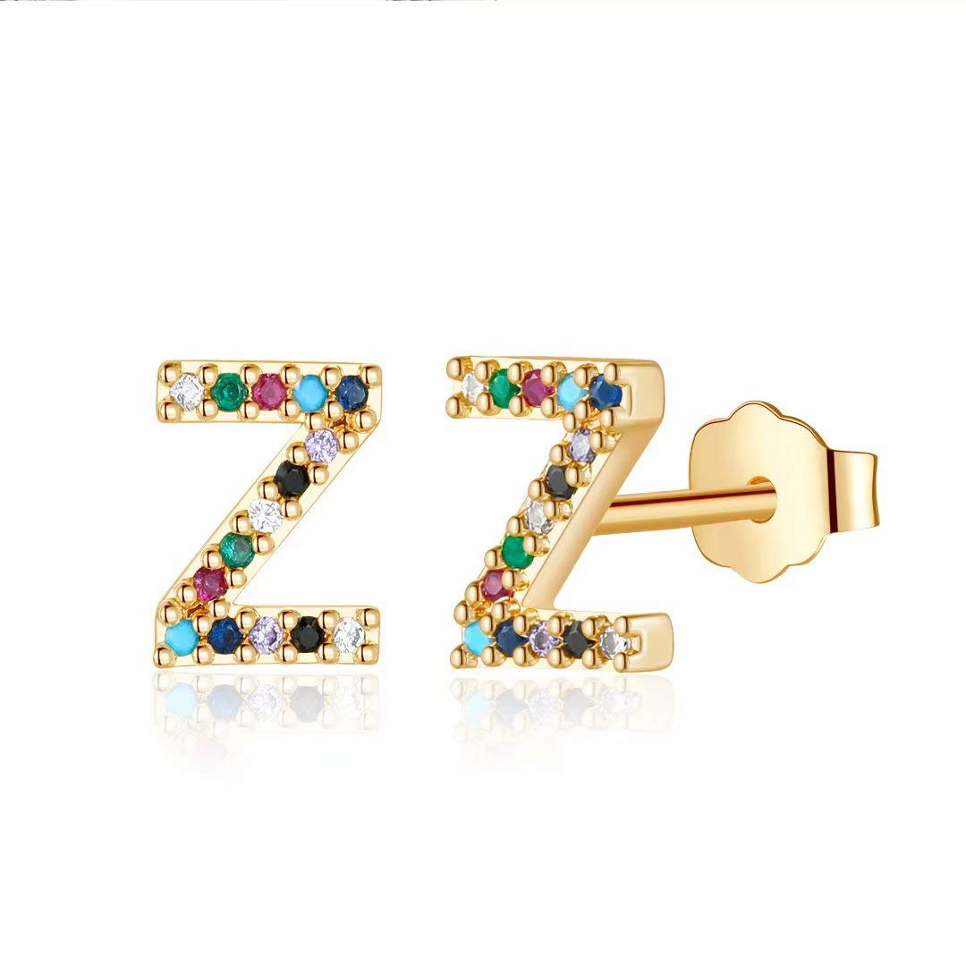 Hypoallergenic 925 Sterling Silver Initial Stud Earrings for Women & Girls - Gold Plated Rainbow Cubic Zirconia Alphabet Jewelry - Perfect Birthday Gift & Everyday Wear for School, Office or Special Occasions
