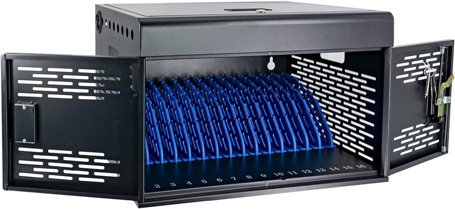 16-Port Locking Charging Cabinet for Laptops & Tablets - Secure Storage with Cable Management, Charger Organization & Ground Protection - Ideal for Classroom, Library, Office & School Tech Stations