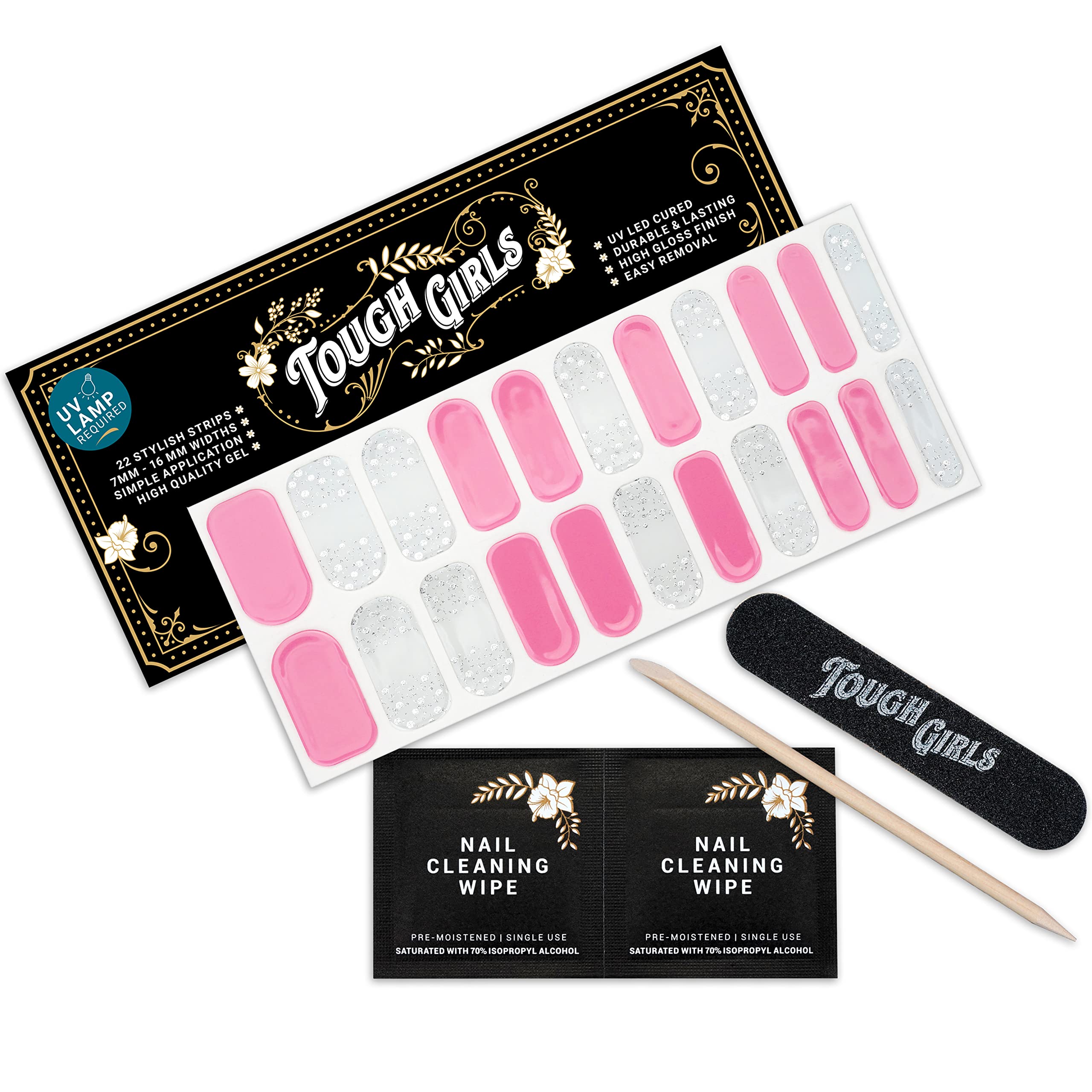 22 Premium Semi-Cured Gel Nail Polish Strips Kit with Application Accessories - Pink, Glitz & White Shades for Long-Lasting Manicures at Home or Salon