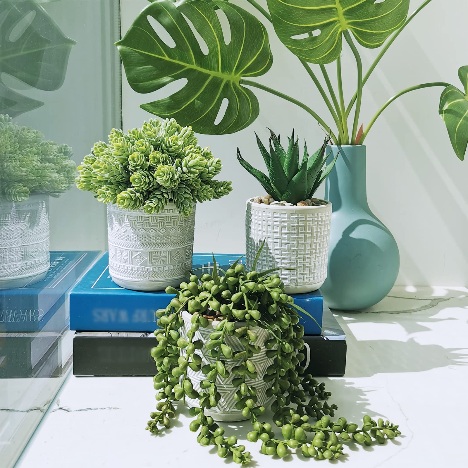 Set of 3 Artificial Succulent Plants - Fake Aloe, String of Pearls & Hops in Gray Geometric Concrete Ceramic Pots | Perfect for Home Office Desk Decor, Indoor Greenery, Housewarming Gifts & Modern Interior Design