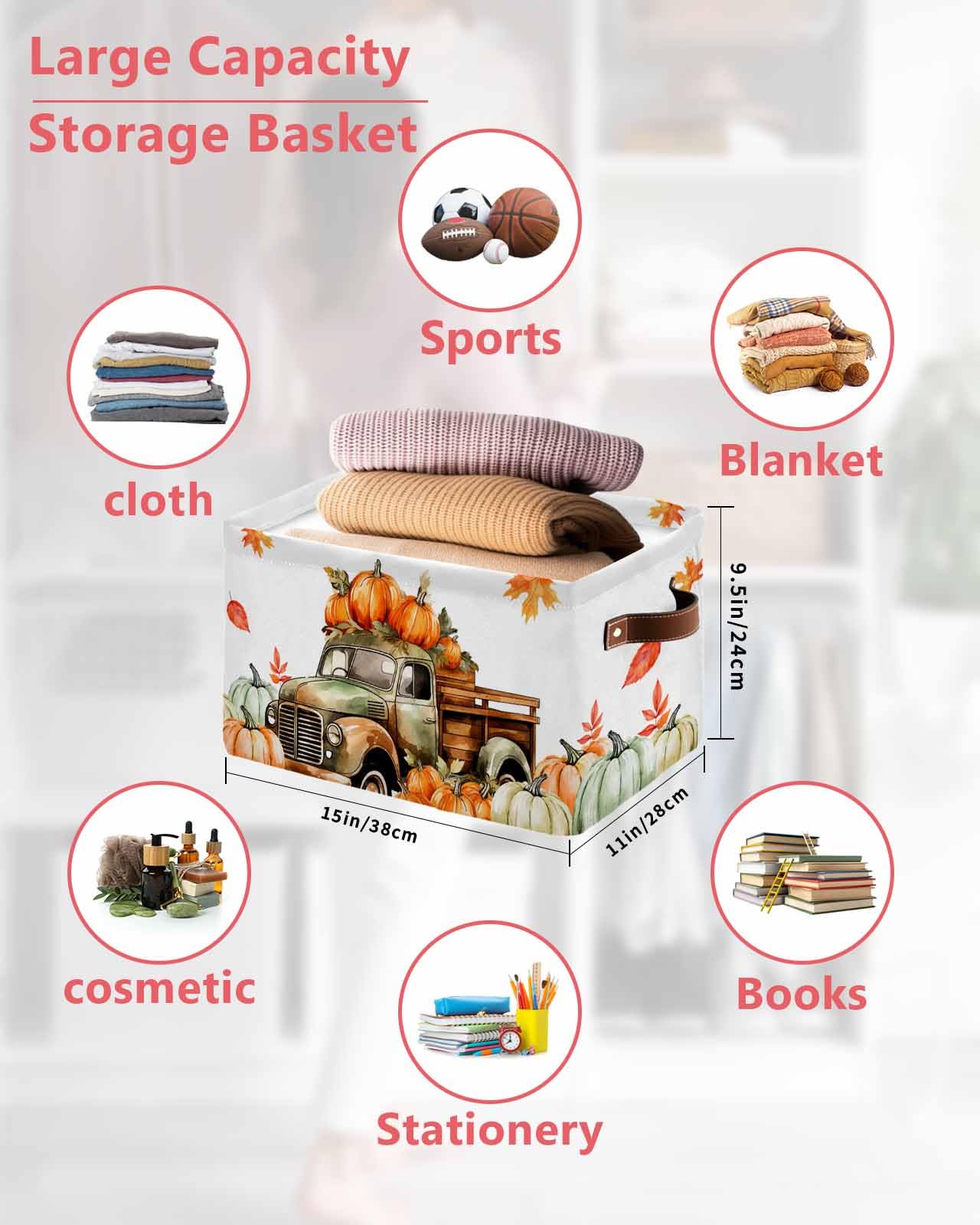 2 Pack Collapsible Storage Baskets with Handles - Farmhouse Pumpkin & Maple Leaf Design Organizer Bins for Nursery Toys, Laundry, Closet Organization | Perfect for Fall Decor, Thanksgiving Home Storage & Farmhouse Shelves Display