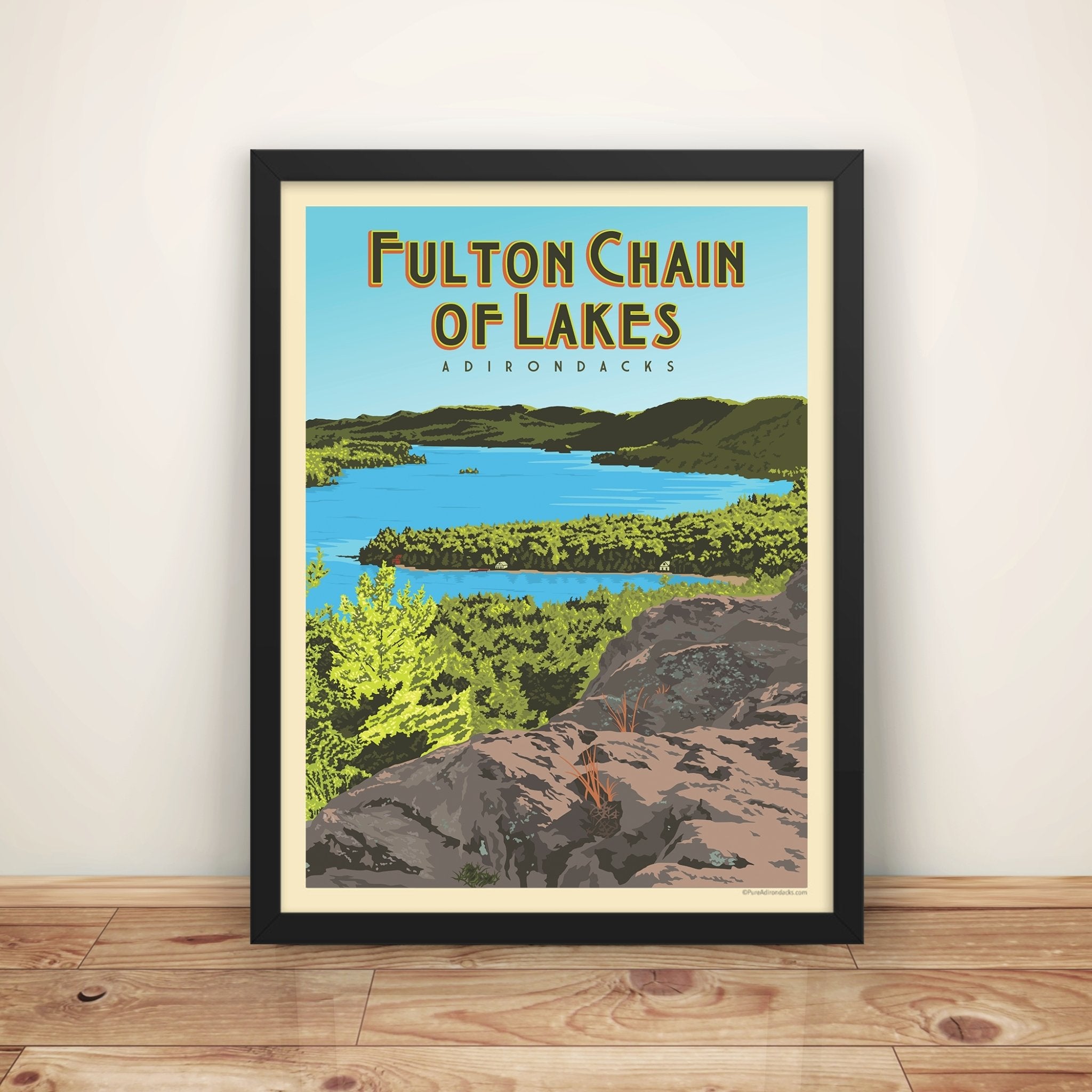 Fulton Chain of Lakes Wall Art Poster - Vintage Style Lake & Mountain Scenery Print - Perfect for Home, Office, or Cabin Decor