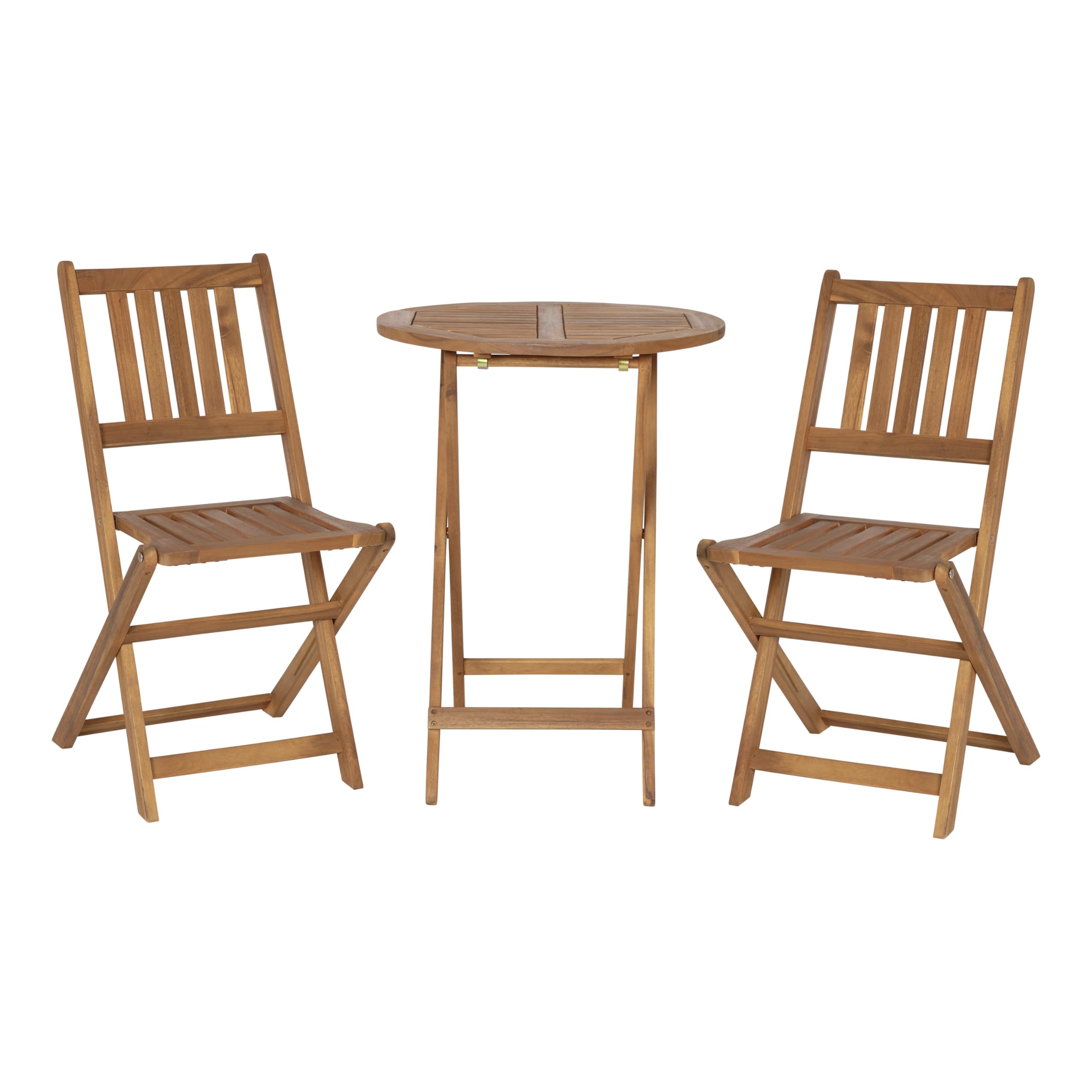 3 Piece Folding Patio Bistro Set - Natural Acacia Wood Round Table with 2 Chairs - Indoor/Outdoor Furniture for Garden, Balcony & Backyard - Slatted Tabletop & Seating - Perfect for Coffee, Dining & Relaxing