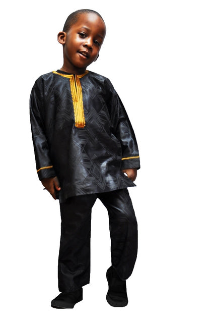 Kids Black Brocade Cotton Dashiki with Gold Embroidery - African Traditional Shirt for Boys & Girls - Perfect for Cultural Events, Parties and Family Gatherings