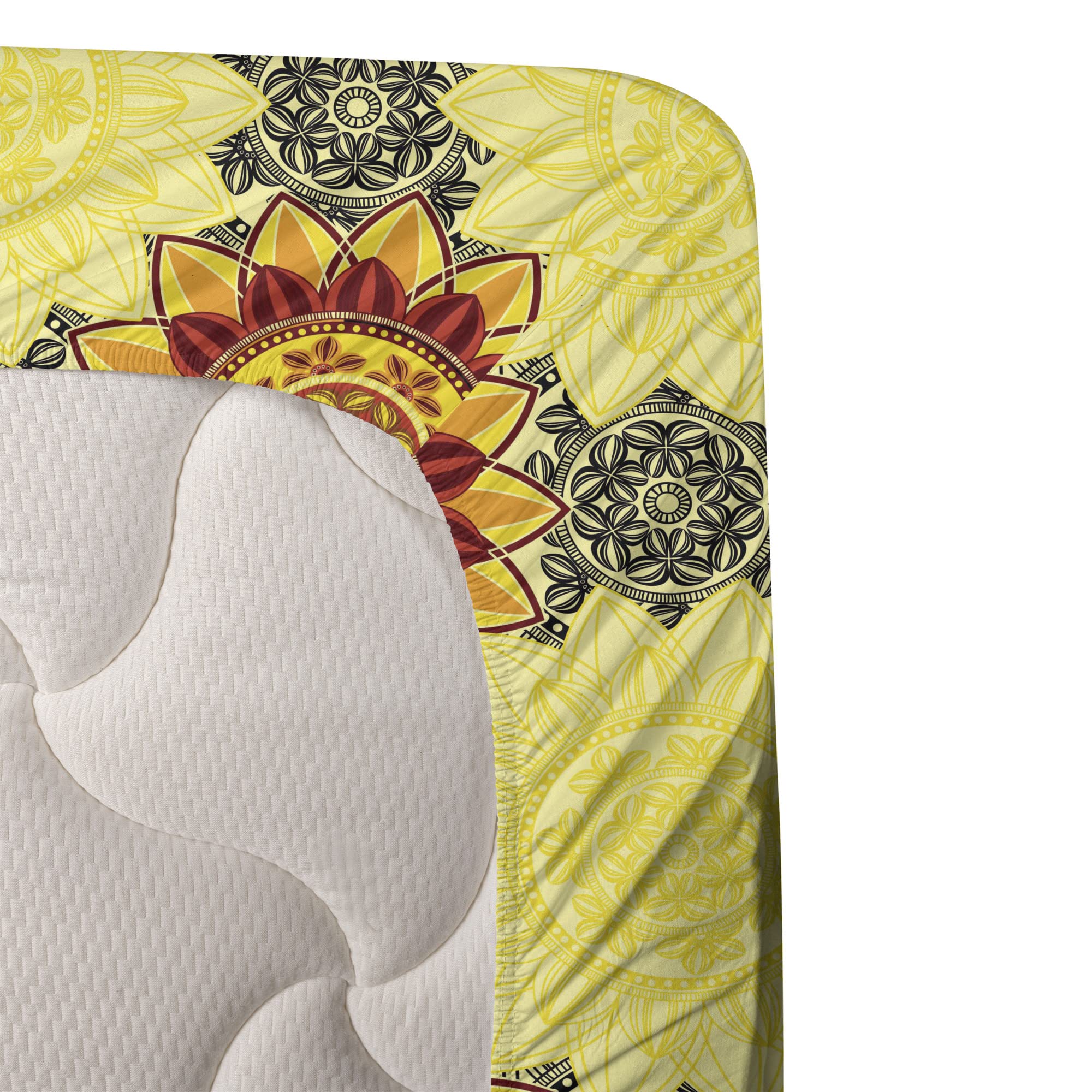 Ambesonne Mandala 4-Piece King Size Sheet Set - Vibrant Yellow Black Ruby Boho Floral Design with Fitted Sheet, Flat Sheet & Pillowcases | Perfect for Bohemian Bedroom Decor, Guest Room Makeover & Meditation Retreats