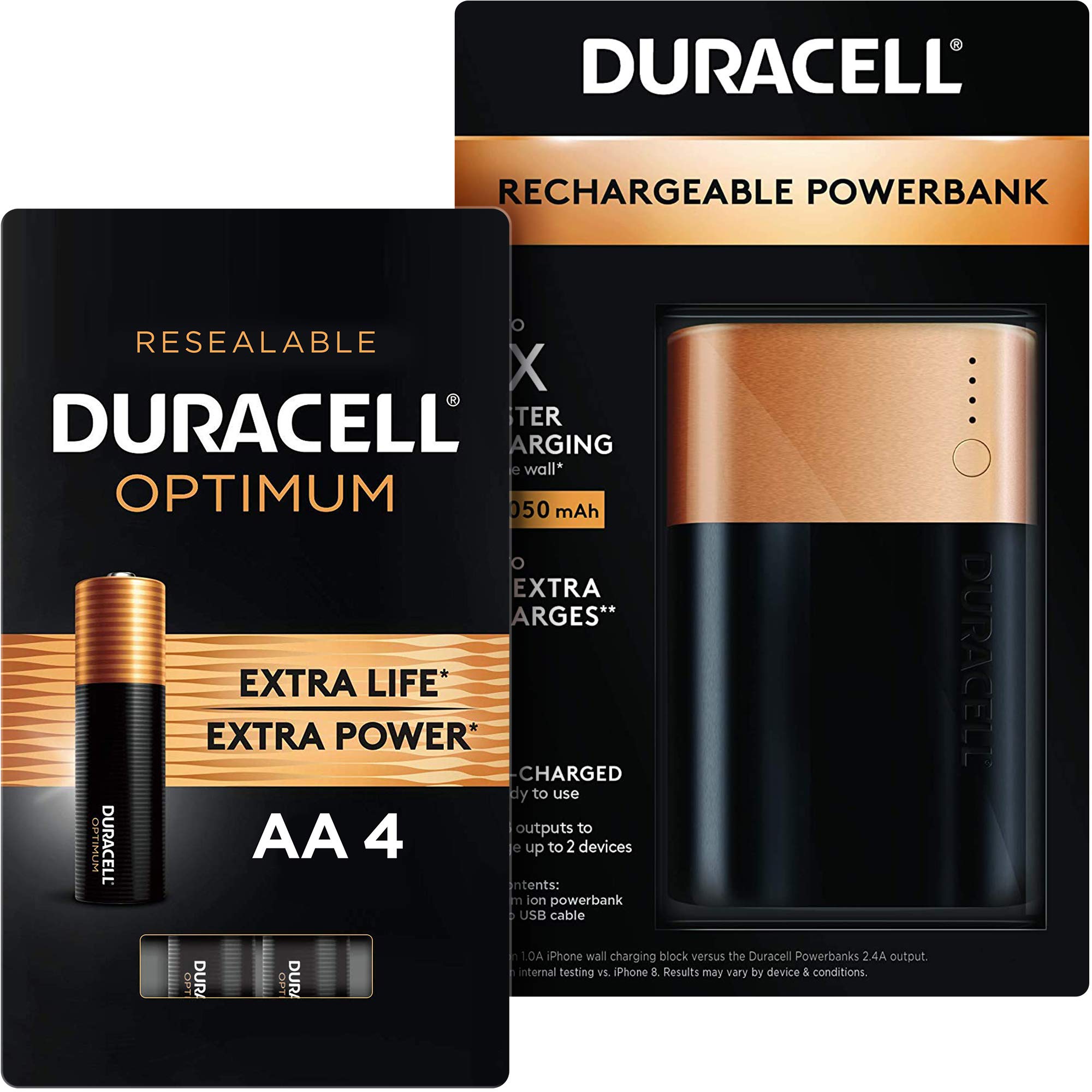 Duracell Rechargeable Power Bank 10050mAh with 4 Optimum AA Alkaline Batteries - Portable Charger for iPhone, Android, Tablets - Perfect for Travel, Camping & Emergency Power Backup