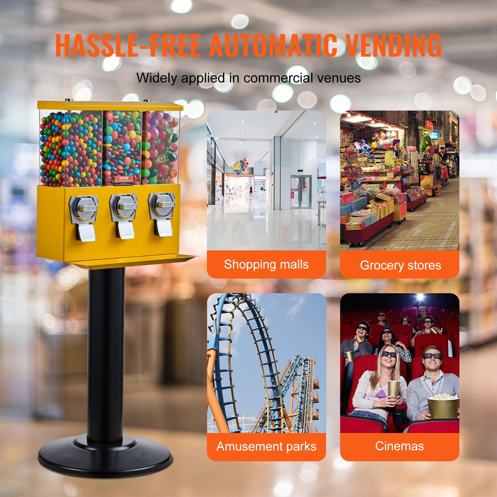 VEVOR Commercial Triple Compartment Candy Vending Machine with Iron Stand - Coin Operated Gumball & Nut Dispenser for Business - Perfect for Retail Stores, Arcades, and Restaurants (Yellow)